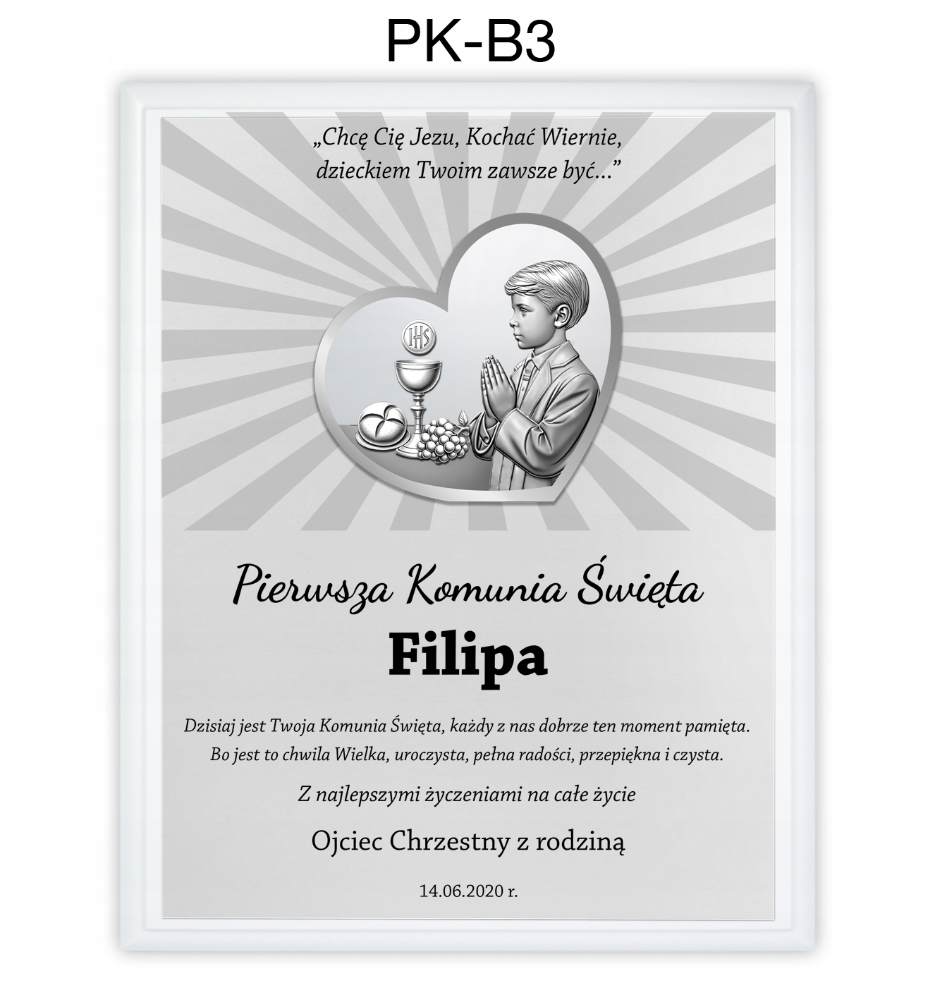 OBRAZEK PAMIĄTKA PIERWSZEJ KOMUNII ŚWIĘTEJ PREZENT NA KOMUNIĘ Z GRAWEREM Kolor srebrny
