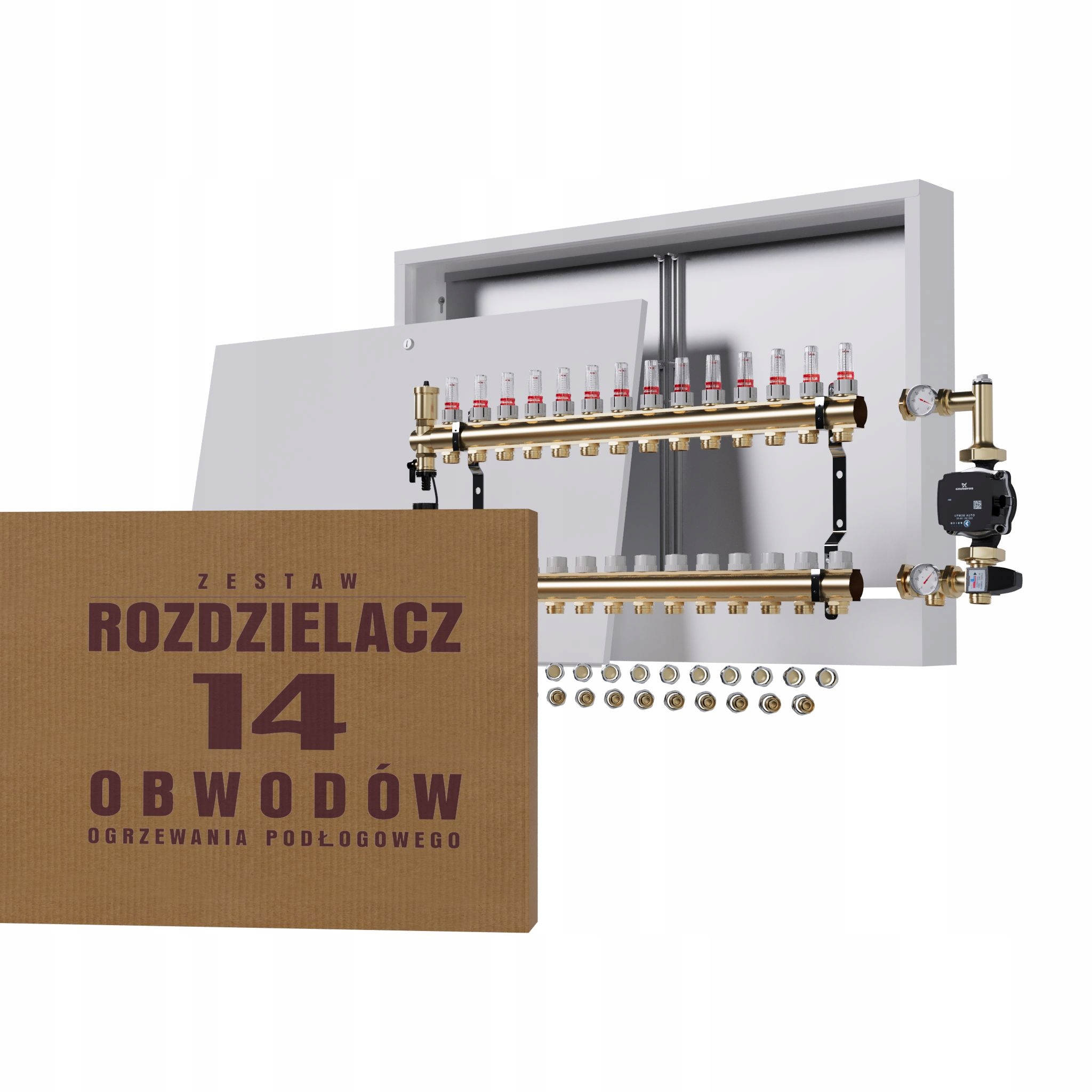Rozdělovač pro podlahu 14 sekcí s čerpadlem GRUNDFOS+nástěnná skříňka+PEX