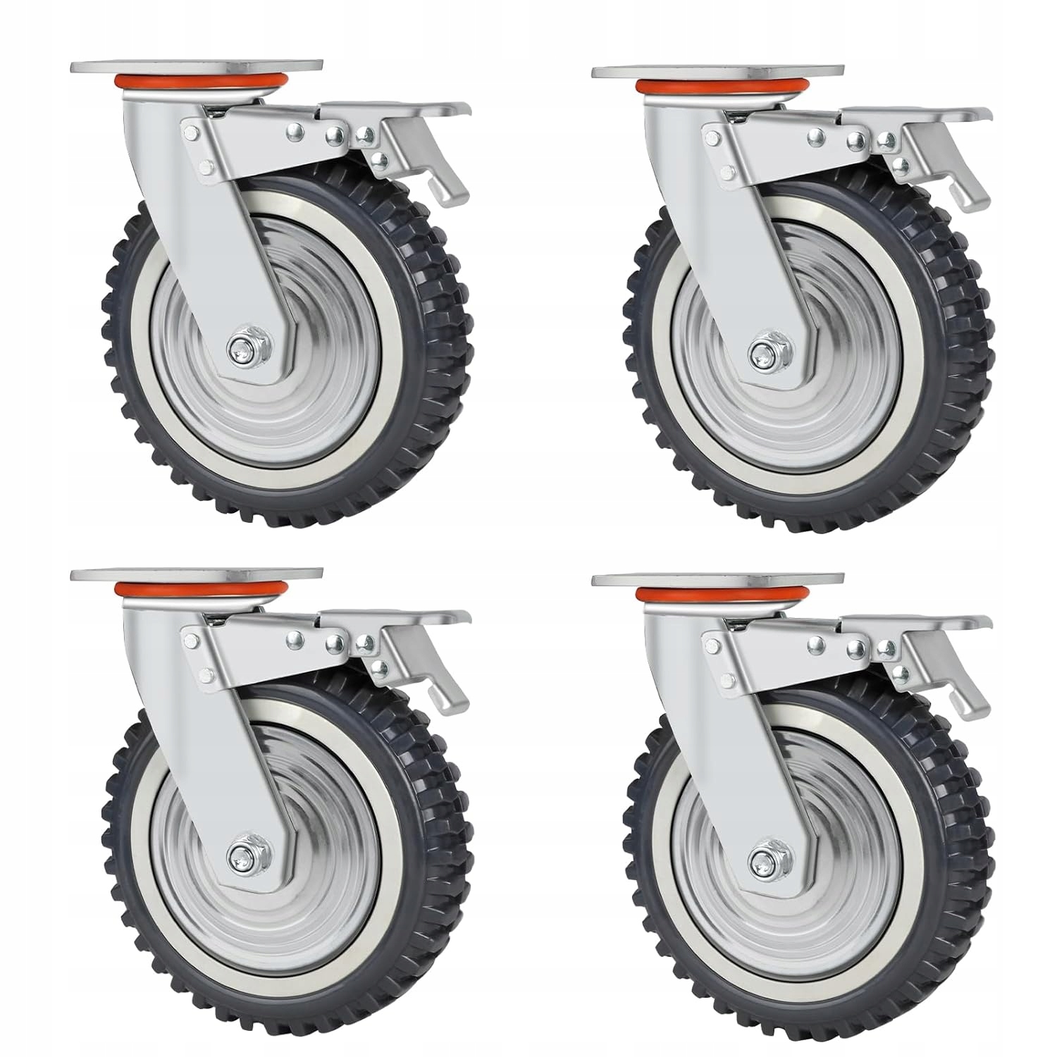 Zestaw 4 wytrzymałych kół z hamulcem360°, średnica 200mm, max udźwig 2000kg