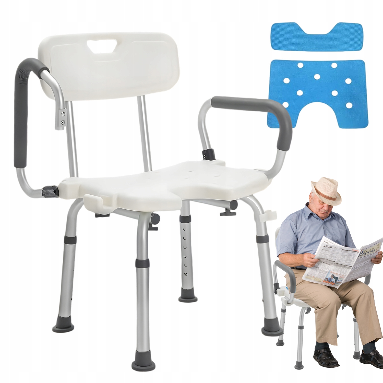 Stołek Prysznicowy Dla Seniorów Z Oparciem I Podłokietnikami Regulowany