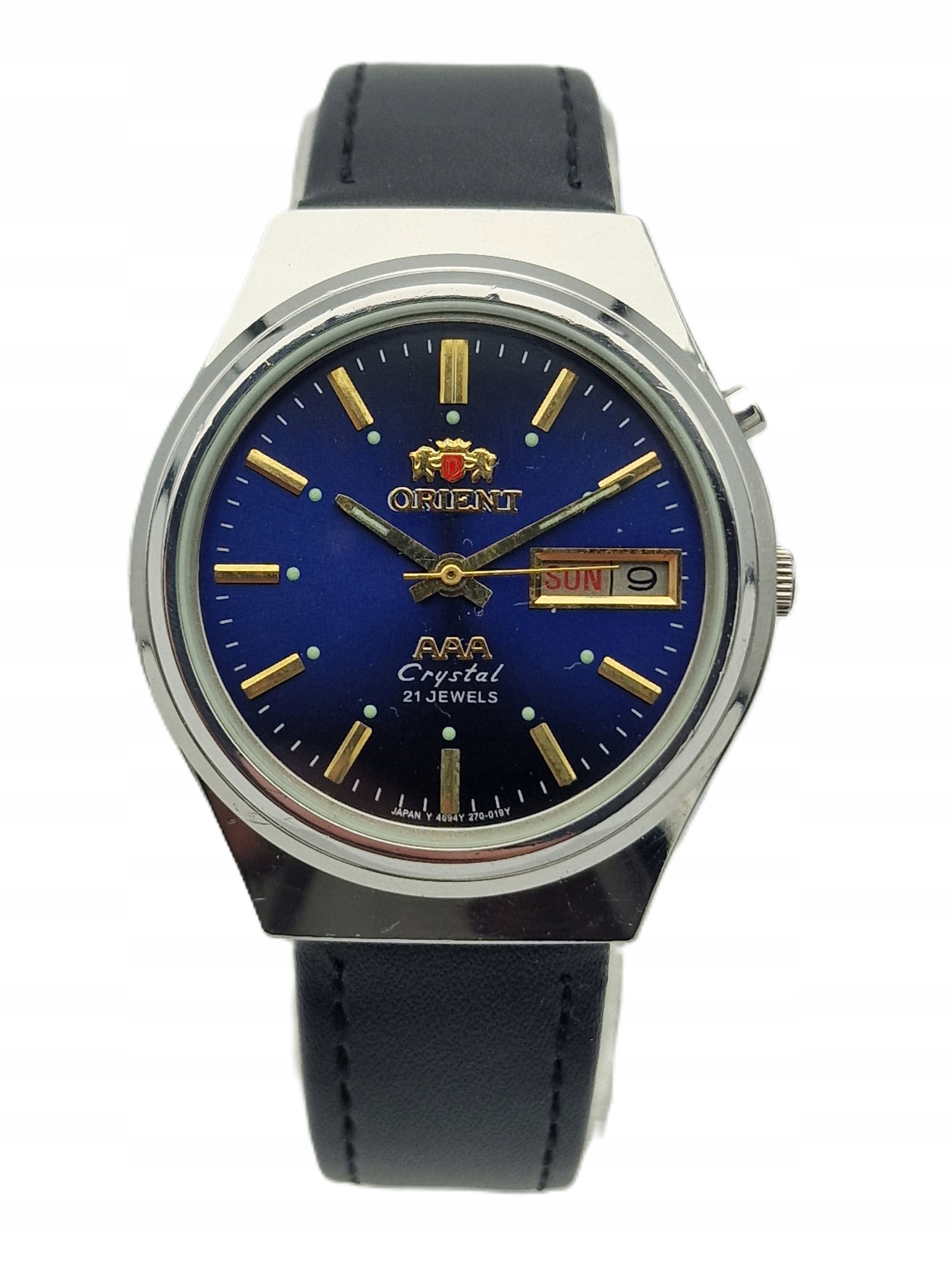 STALOWY ZEGAREK ORIENT CRYSTAL AUTOMATIC LATA 70-TE - GRANATOWA TARCZA