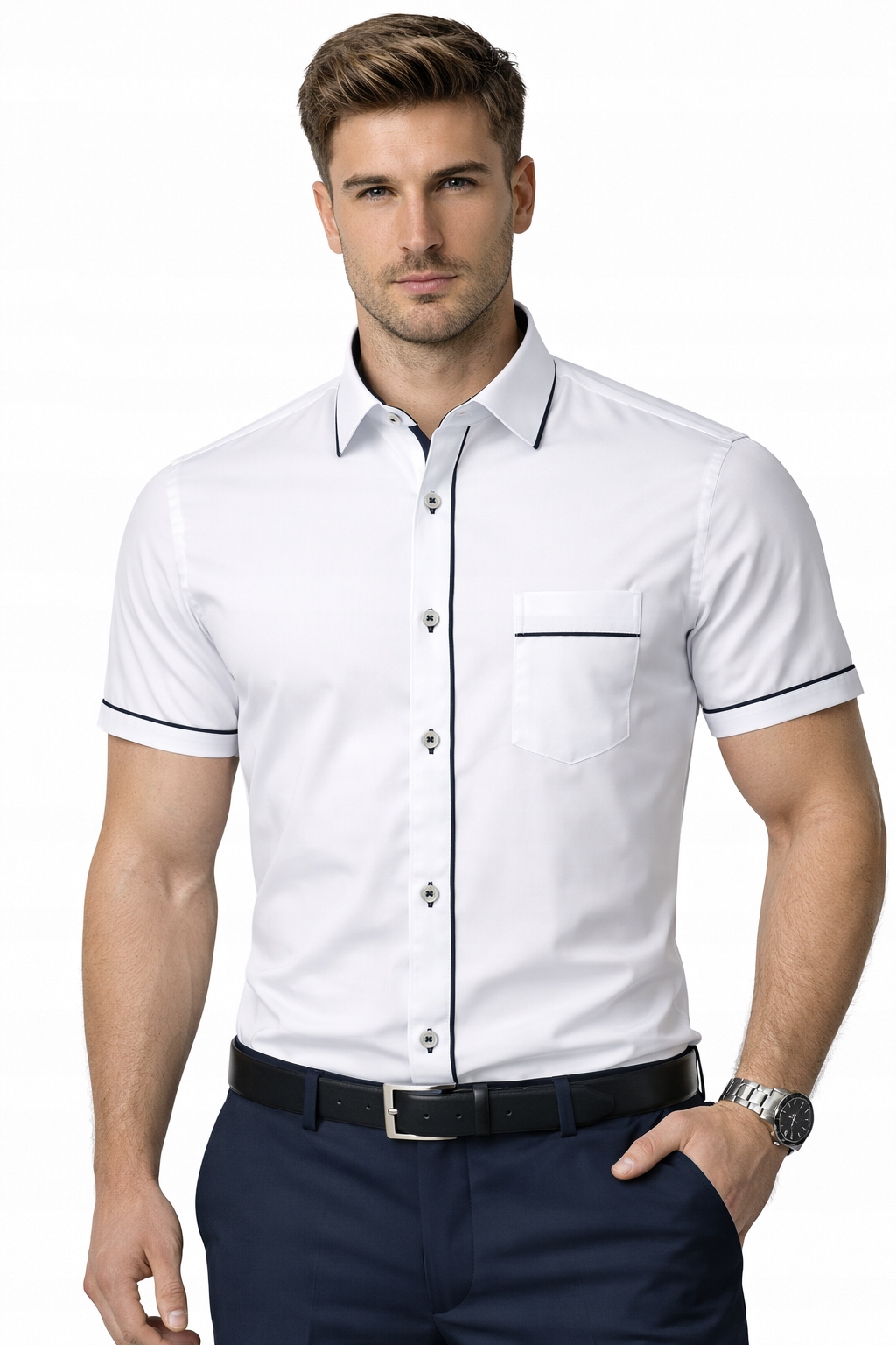 Pánská košile Modely Bílá s modrým lemováním Slim XXL 44/45 Krátký rukáv