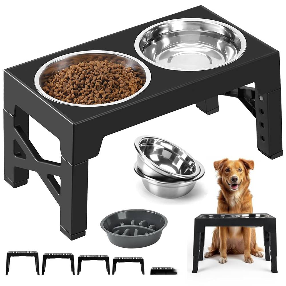 Levně Dvojitá Miska Pro Psa S Nastavitelnou Výškou Na Stojanu, Neabrazivní, 3V1