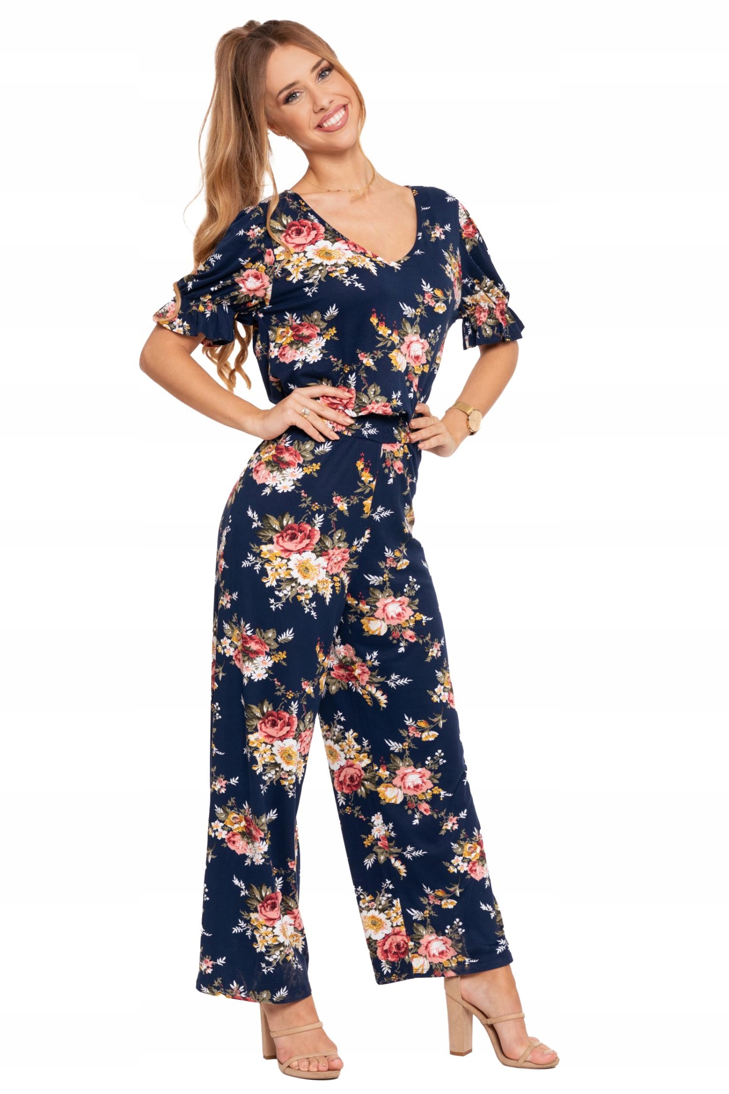 KOMBINEZON DAMSKI Letni Długie Szerokie Spodnie Wygodny w Kwiaty MORAJ L Marka Moraj