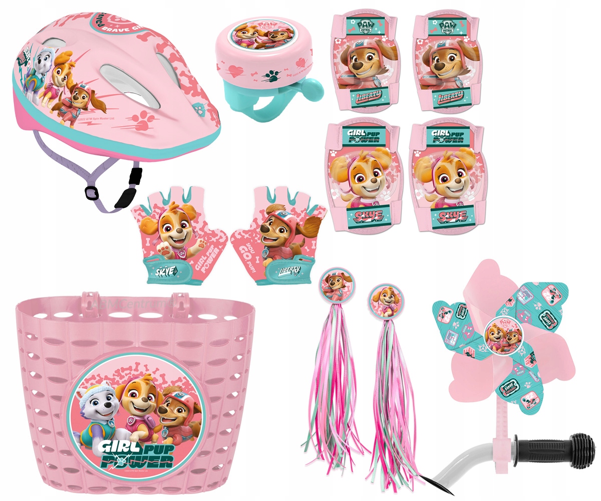 Komplet Kask ochraniacze rękawiczki kosz wstążki wiatrak dzwonek Psi Patrol