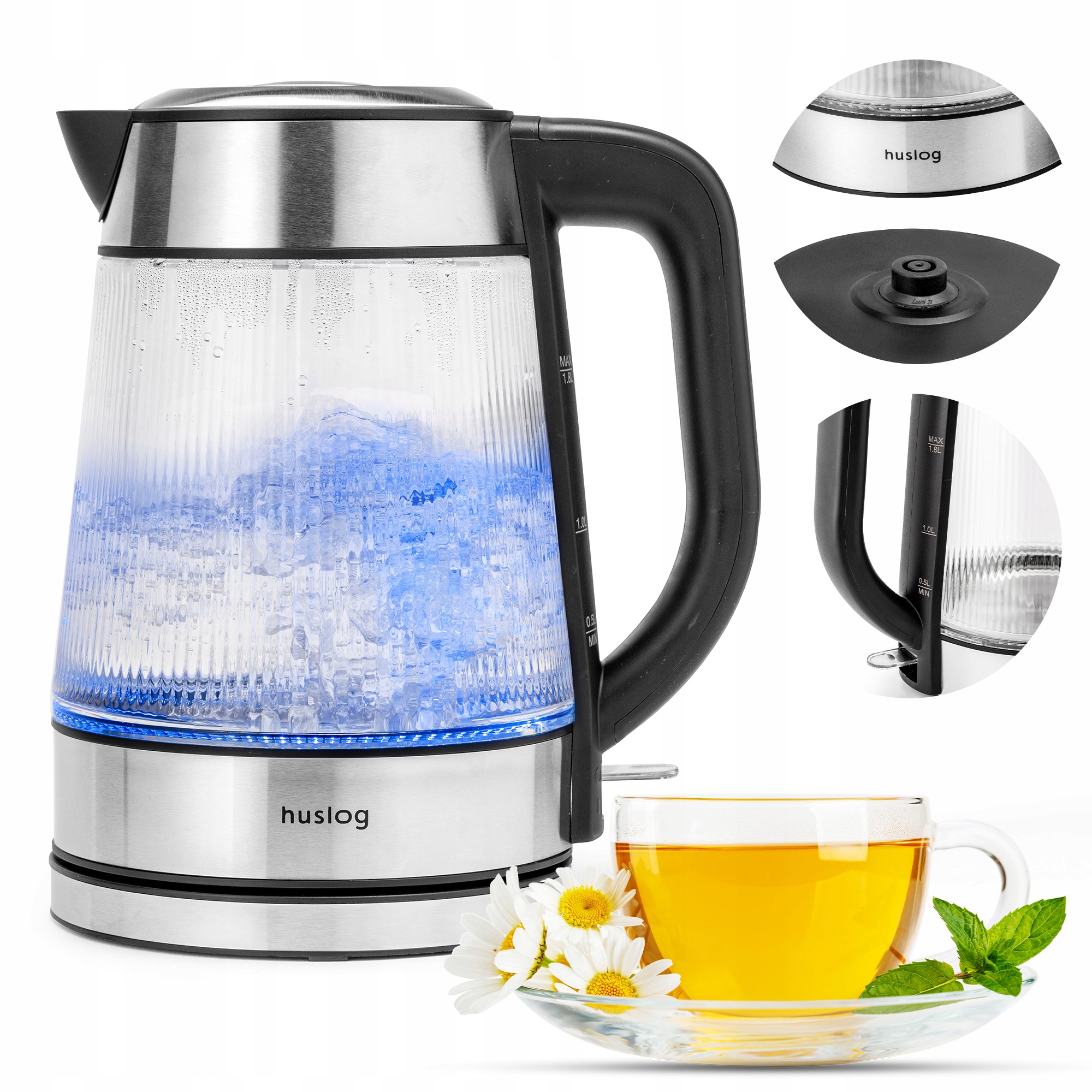 Czajnik szklany ryflowany 1,8L 2200W podświetlenie Led, Podstawka 360°