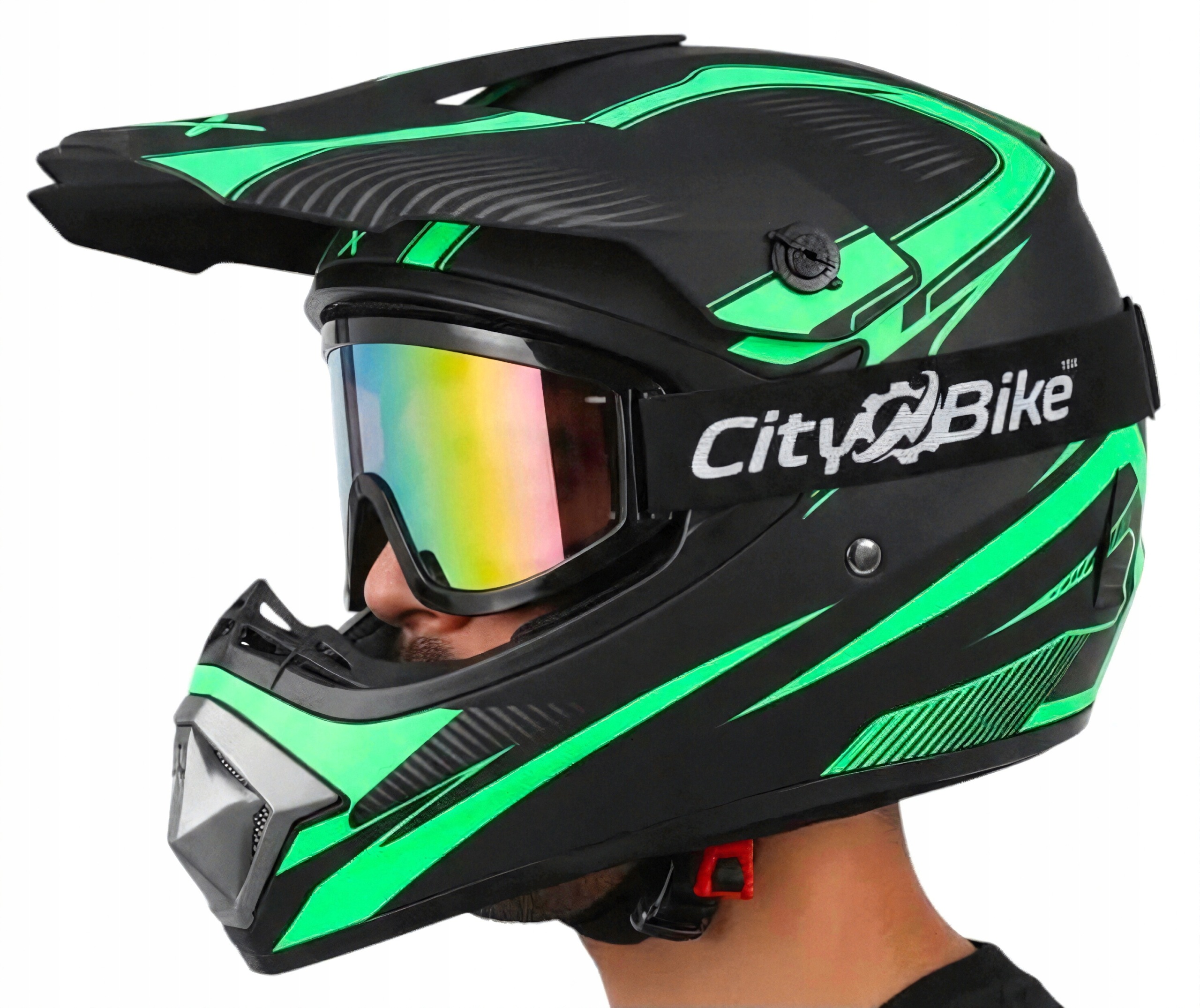 Kask Gogle Hulajnoga Elektryczna Bmx Czarny Zielony Mat L 59-60cm Zestaw