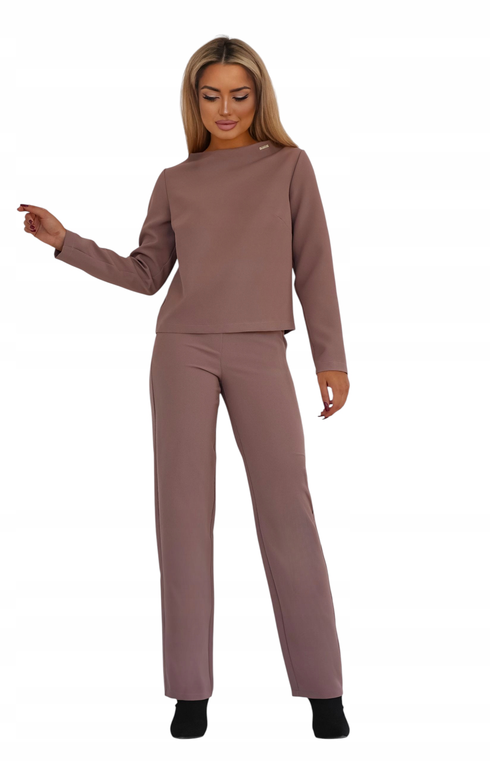 Dámský komplet z tkaniny Polská výroba Halenka kalhoty Zlaté detaily Béžová