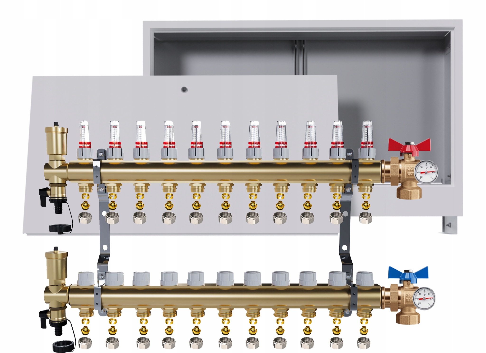 Rozdělovač podlahy 11 okruhů kulové ventily teploměr krabička Pex