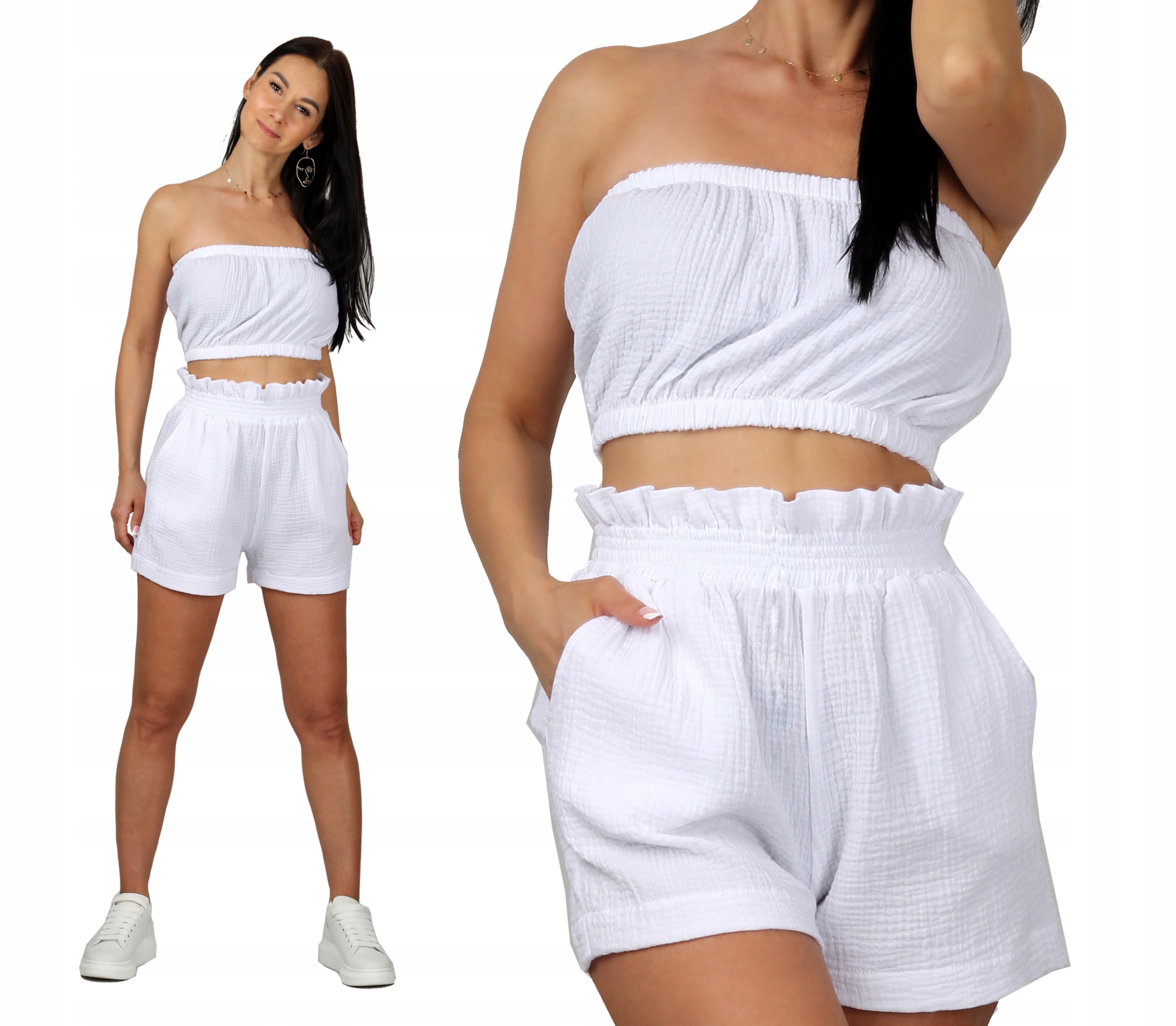 

S M Top Biały Muślin odkryte ramiona crop bluzka