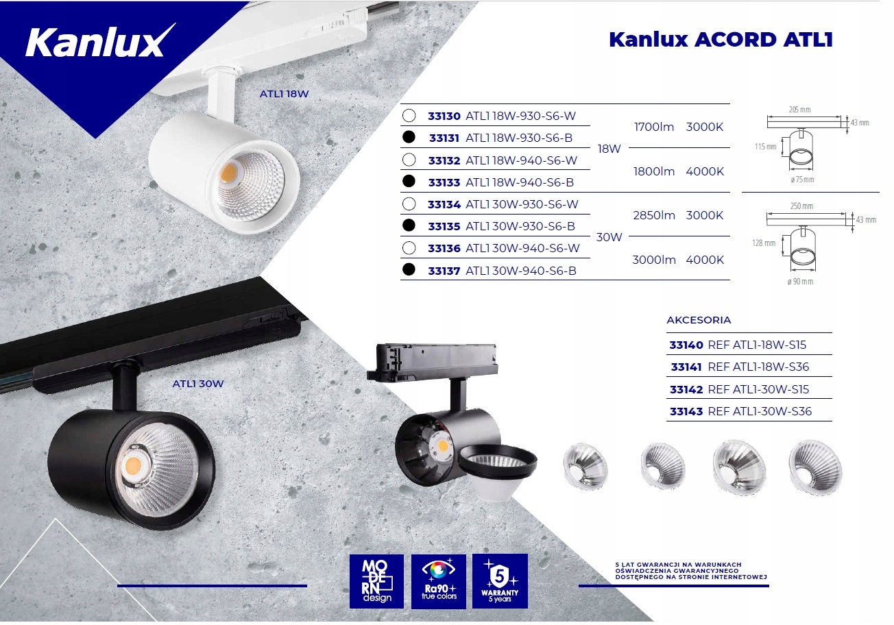 Projektor na szynę Kanlux ATL1 18W-930-S6-B LED Rodzaj gwintu zintegrowane źródło LED