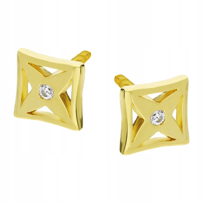 zlaté náušnice pro ženu 585, prolamované čtverečky se zirkonem, dárek 1.10 g