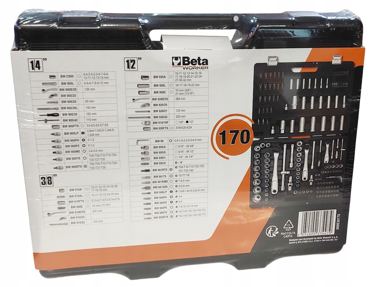 Zestaw 170 nasadek 1/4 - 3/8 - 1/2 z akcesoriami Beta Worker BW903E/C170 Waga produktu z opakowaniem jednostkowym 9.2 kg