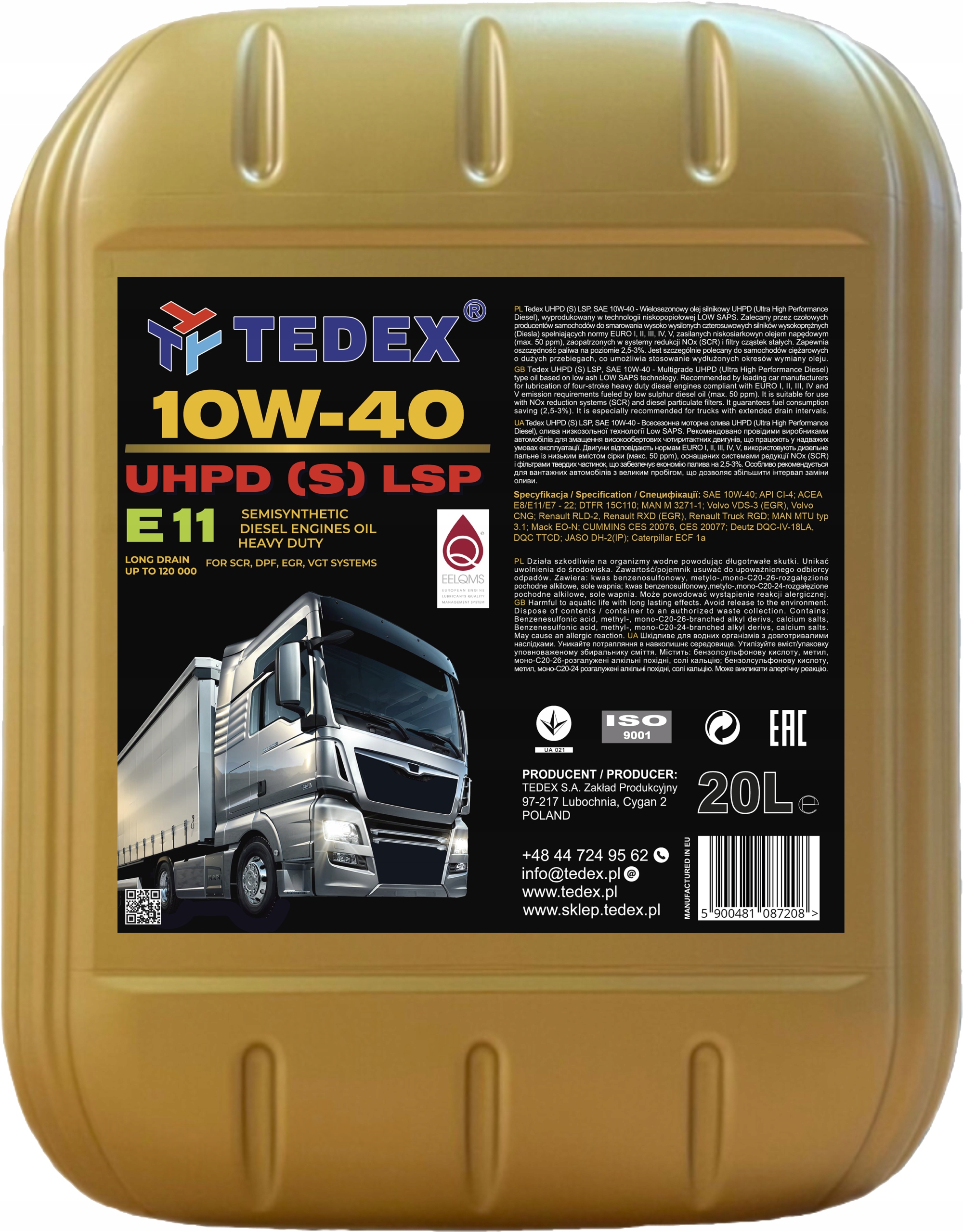 Olej silnikowy Tedex Diesel Truck Uhpd (s) Lsp Sae: CI-4 10W-40 20L