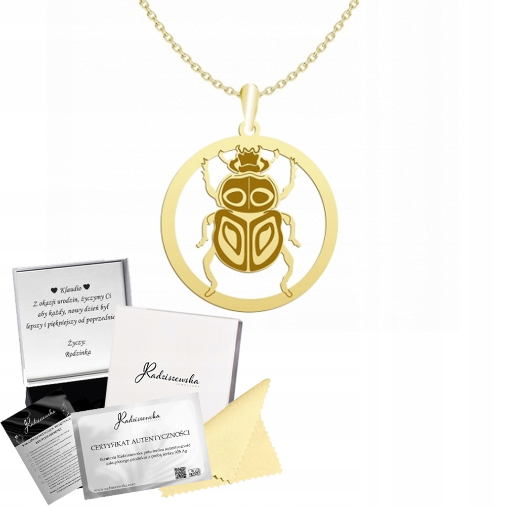 Náhrdelník Zlatý Skarabeus pro štěstí Řetízek 925 Dárek Gravírování Bonus