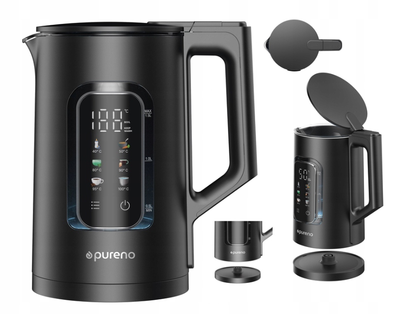 Skleněná elektrická konvice s regulací KeepWarm Led Pureno K100, černá