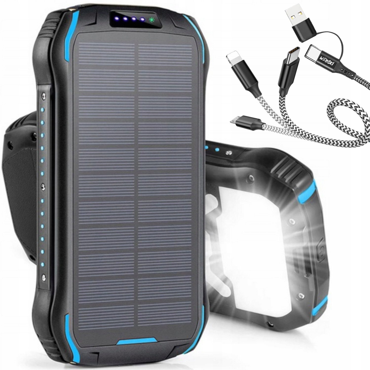 Solární Powerbanka 33500 mAh 2XUSB Vodotěsná Indukční Výkonný Kabel 6 V 1