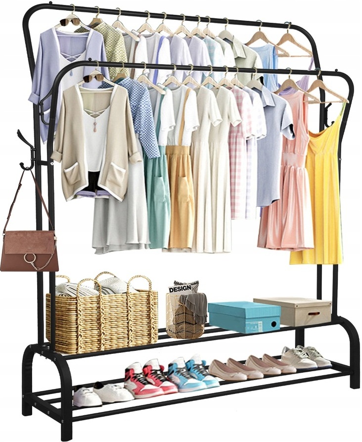 Skříň Na Oblečení Věšák Stojan Šatník Dvojitá Police Regál Velký