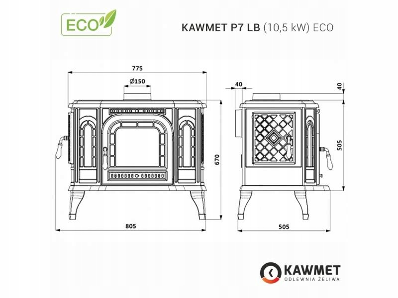 Piec wolnostojący KAWMET P7 LB (10,5 kW) ECO Moc 10.5 kW