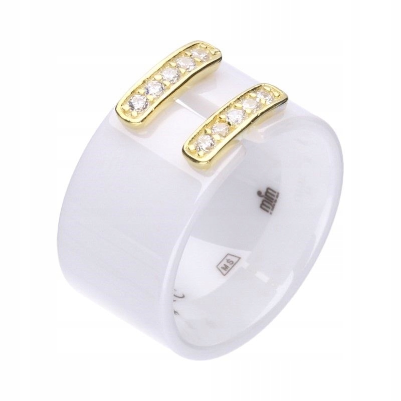 Prstýnek ze stříbra 925, pozlacená bílá keramika s zirkony, r14