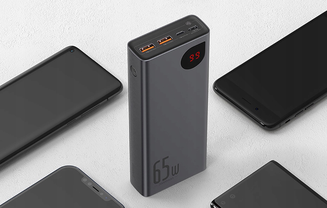 BASEUS POWERBANK 20000MAH 2X USB 1X USB-C PD QC 3.0 65W LED CERTYFIKAT CE Złącza USB typ A USB typ C