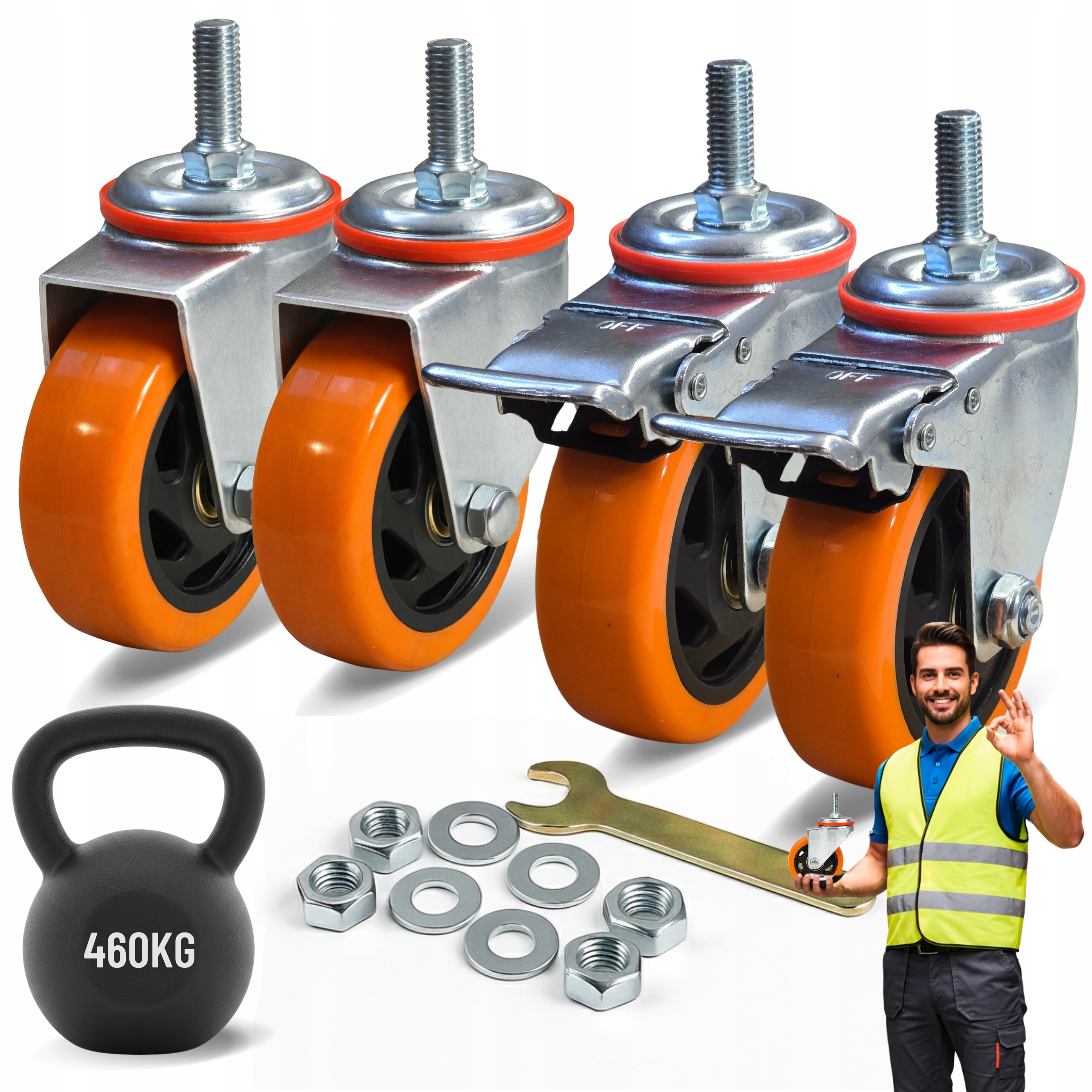 Otočná Kolečka 100 mm Stopka M12x30 mm s Brzdou Nosnost 460 kg Sada 4 ks