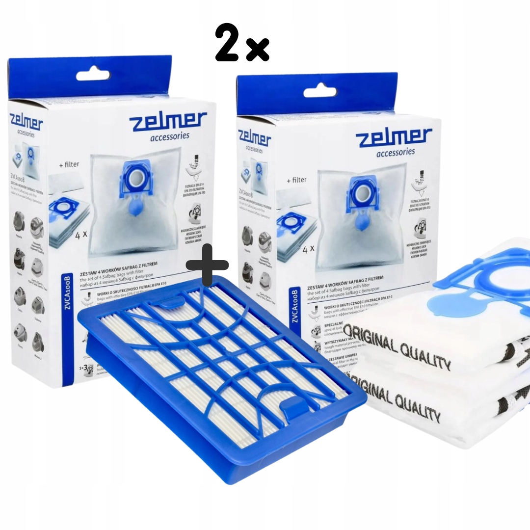 Oryginalne Worki Zelmer ZVCA100B 8 szt. Filtr Hepa H13 zamiennik ZVCA050H