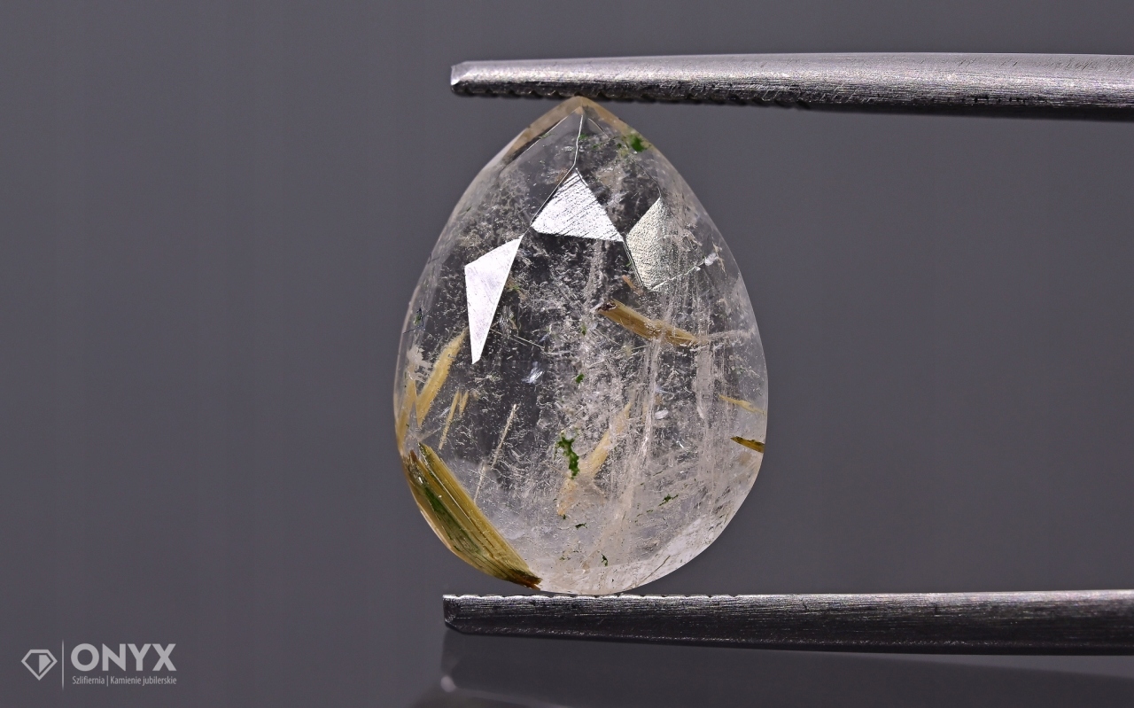 Křemen s rutilem fazetovaná slzná růžice 13,5x10 mm