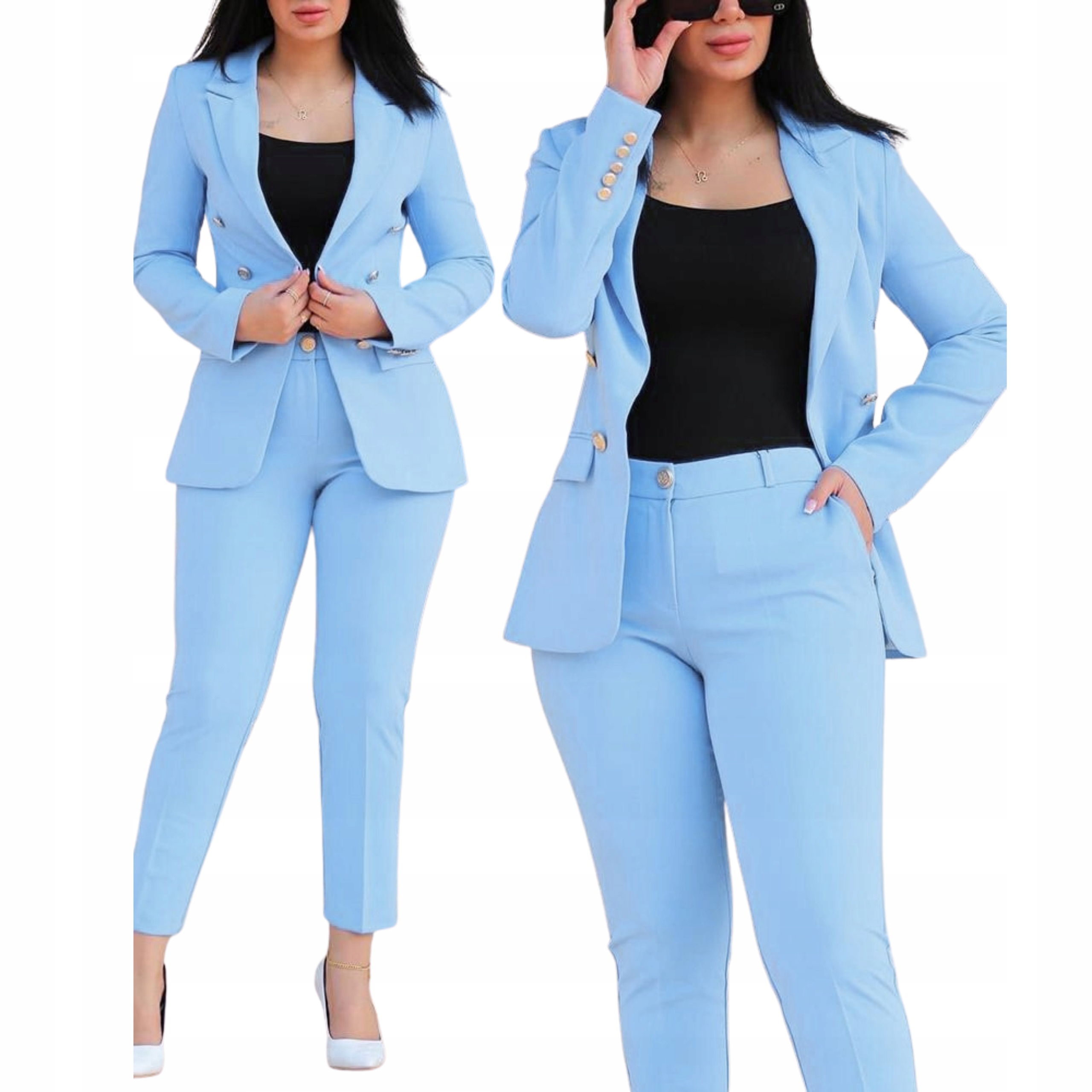 Komplet damski garniturowy marynarka i spodnie w kant niebieski