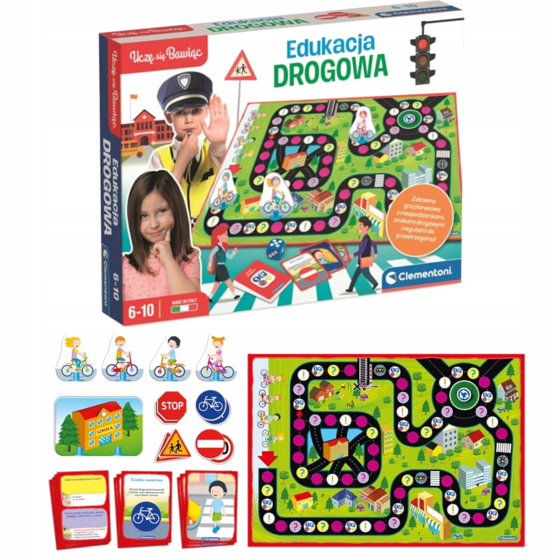 CLEMENTONI UCZĘ SIĘ BAWIĄC EDUKACJA DROGOWA GRA PLANSZOWA 66 KART ZNAKI 6+