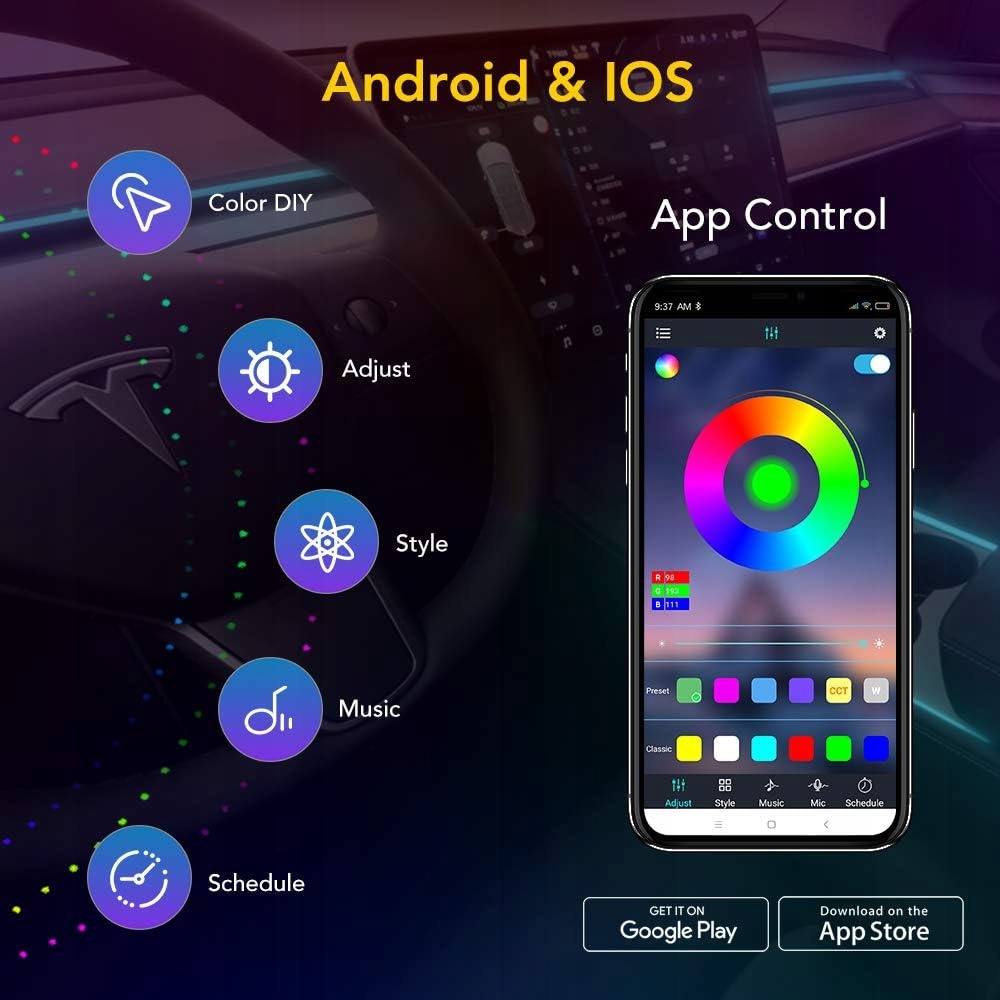 WEWNĘTRZNE OŚWIETLENIE RGB ŚWIATŁOWÓD BASENOR TESLA MODEL 3/Y Z APLIKACJĄ Producent Inny