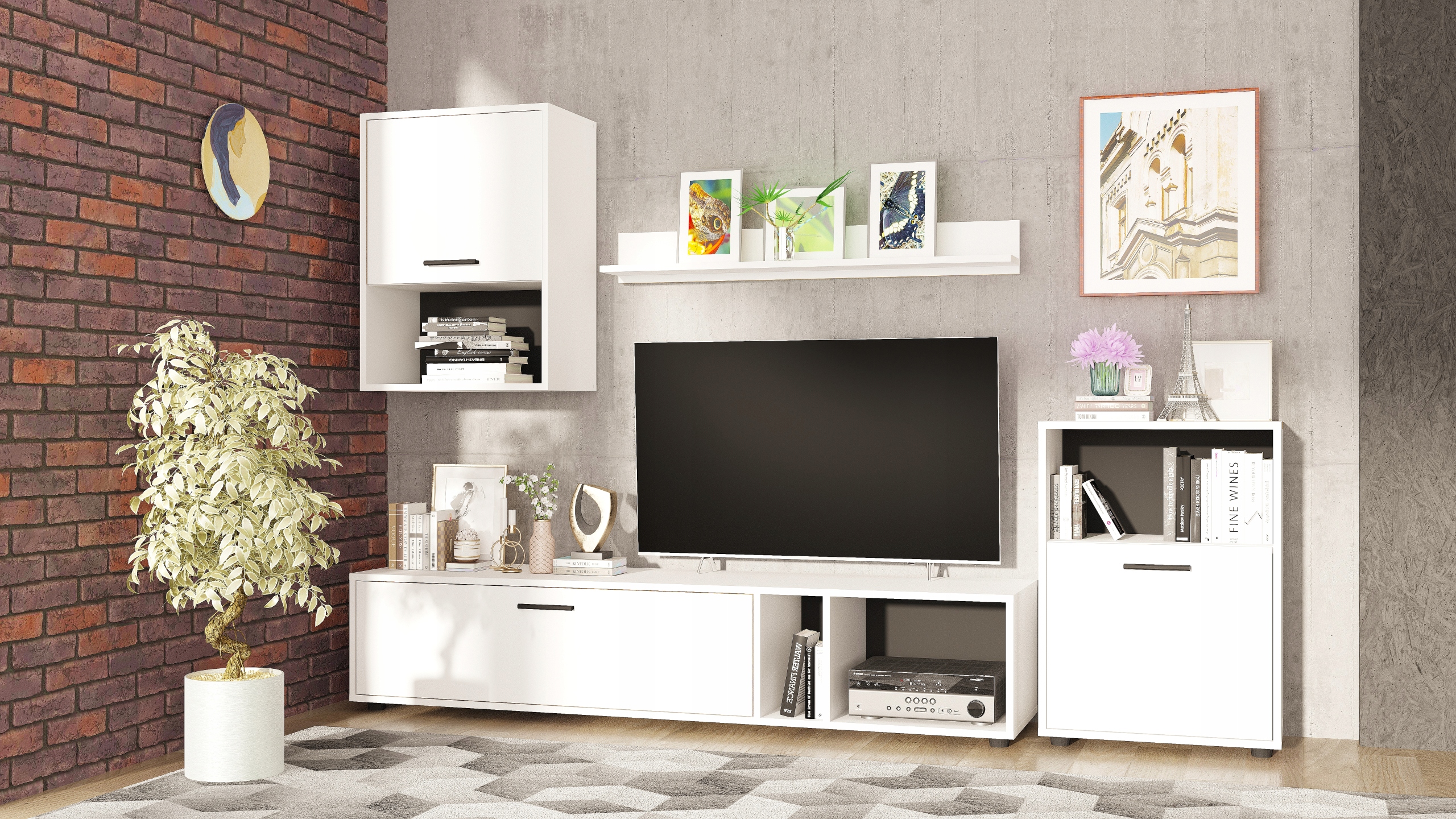 MEBLOŚCIANKA do salonu RTV PÓŁKA SZAFKI KOMODA BIAŁA ROCK Meble-Craft