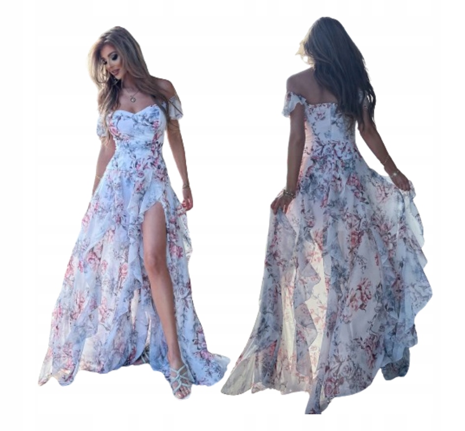 Kansas Ecru s květinami Dlouhá Šaty svatební hostina Xs