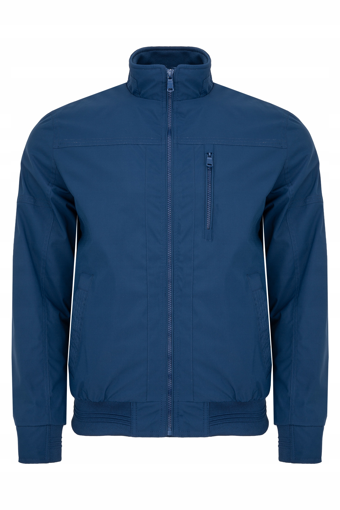 Pánská Modrá Přechodová Bunda, Stojáček, Stahovací Pásky, Klasické Kapsy: L