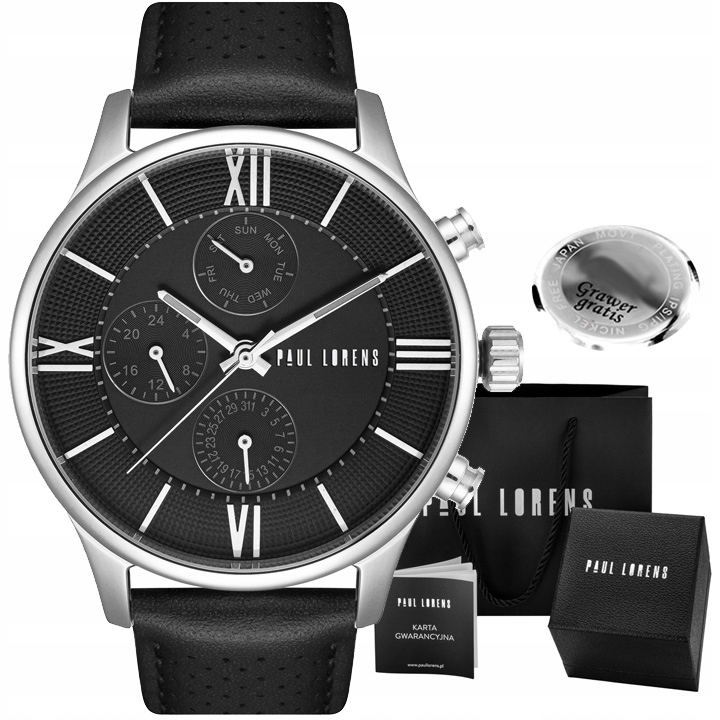 Pánské hodinky Paul Lorens Savrese kožené s multidatem – krabička Gravírování