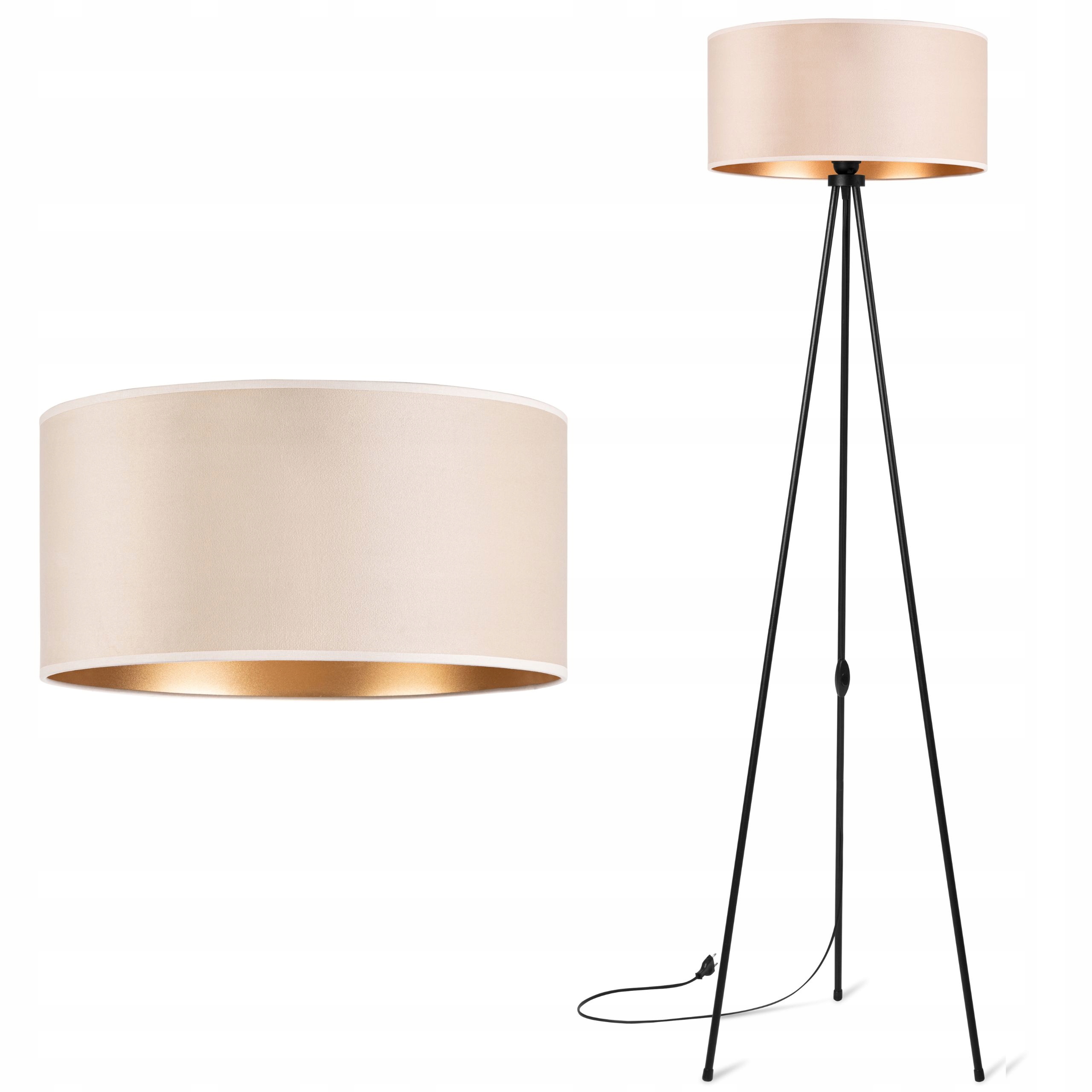 Lampa stojąca podłogowa Trójnóg Metalowy Abażur Welur beżowy złoty