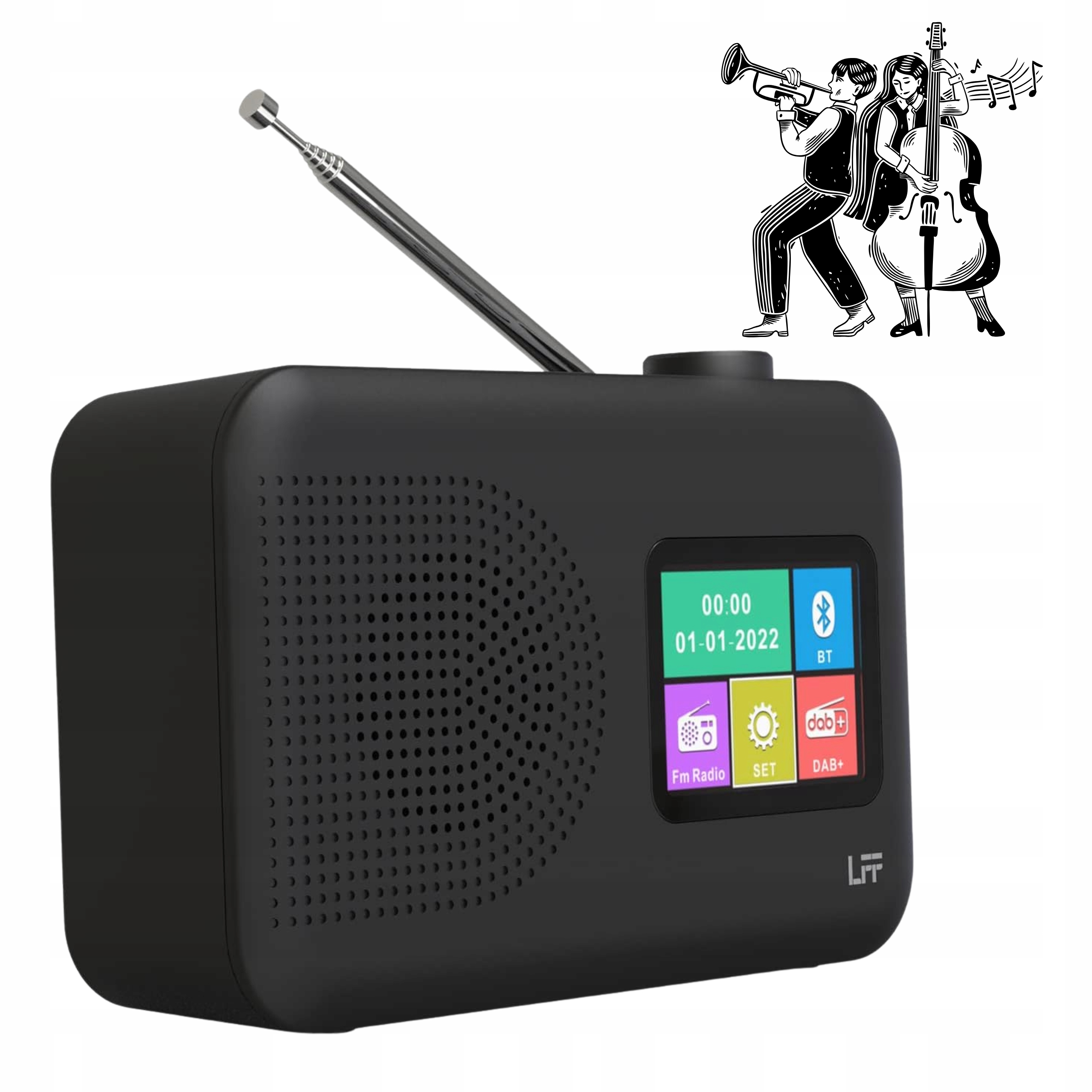 Digitální rádio Dab+ Fm Bluetooth Lff Přenosná barevná obrazovka Černá