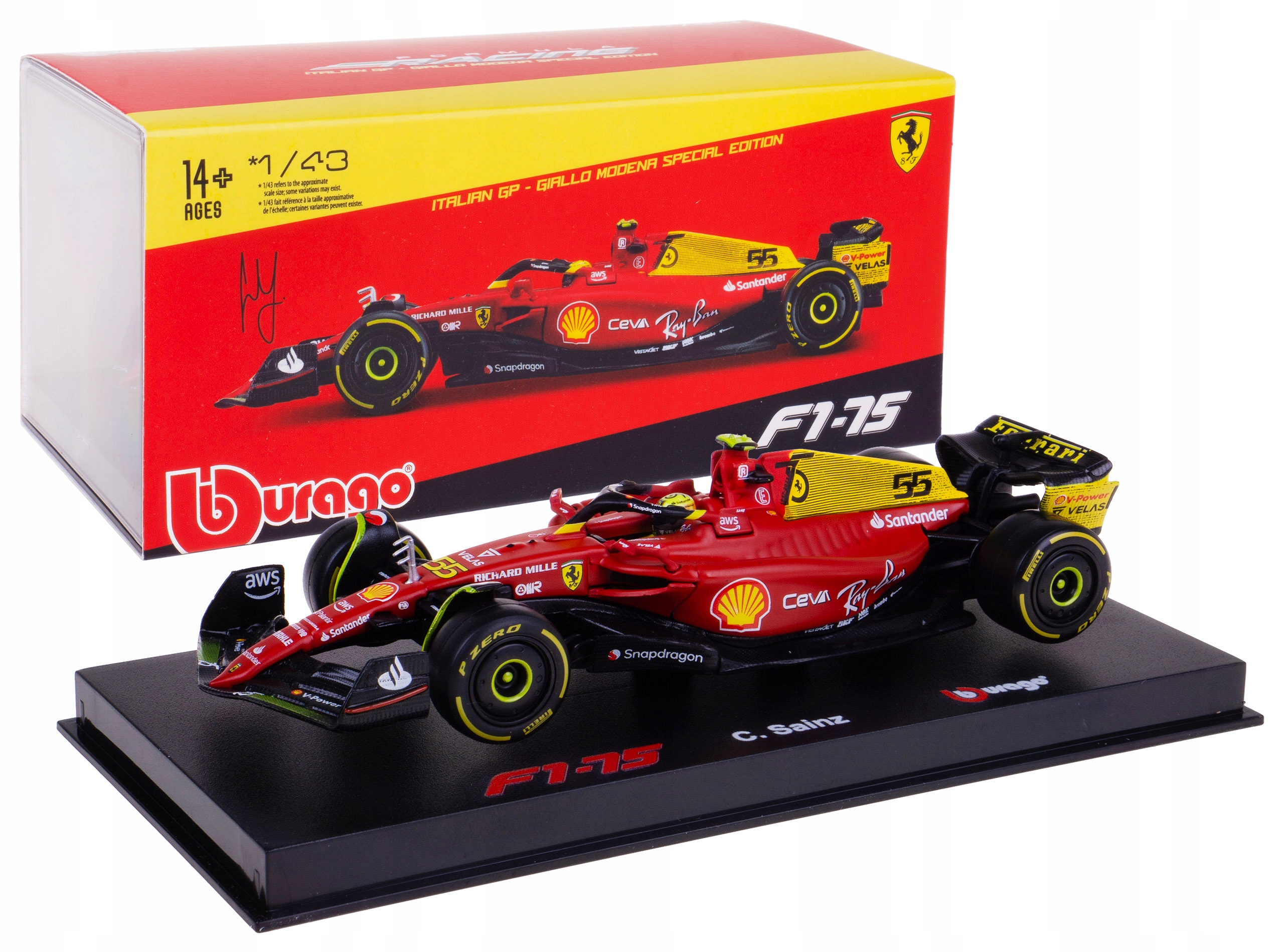 Ferrari F1-75 Italian Gp Bolid F1 Model Metal Bburago 1:43 #55 C.Sainz +box