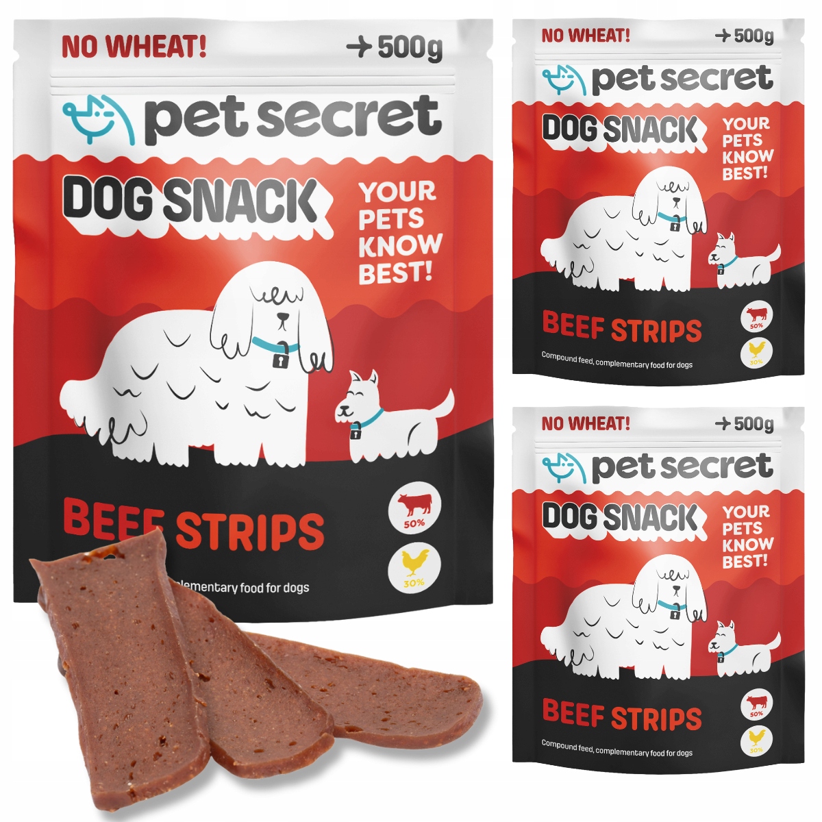 Psí pamlsek Měkké filety s hovězím masem 3x500 g Stripsy Pet Secret