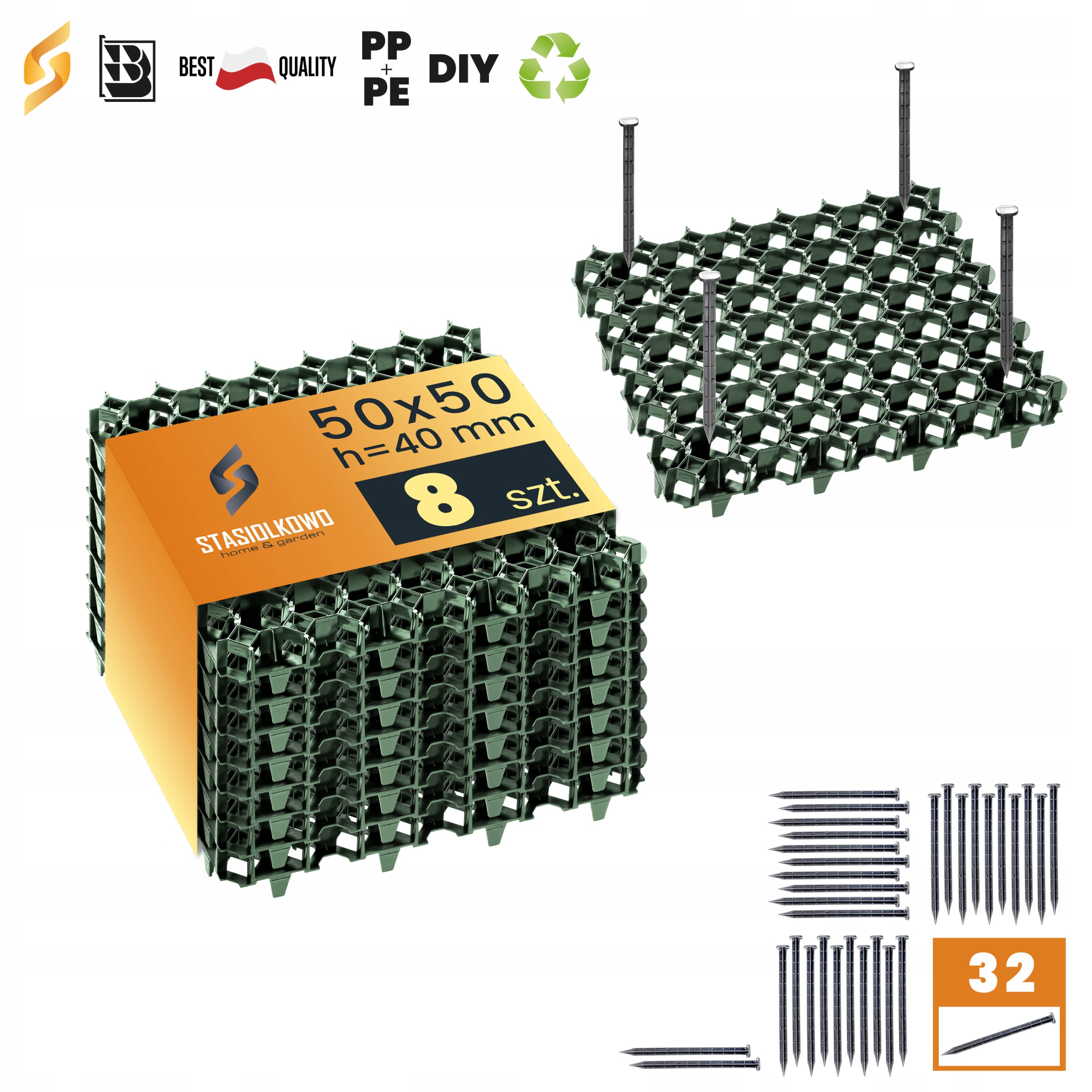 8x Kratka Parkingowa Trawnikowa 50x50 x4 +32kotwy