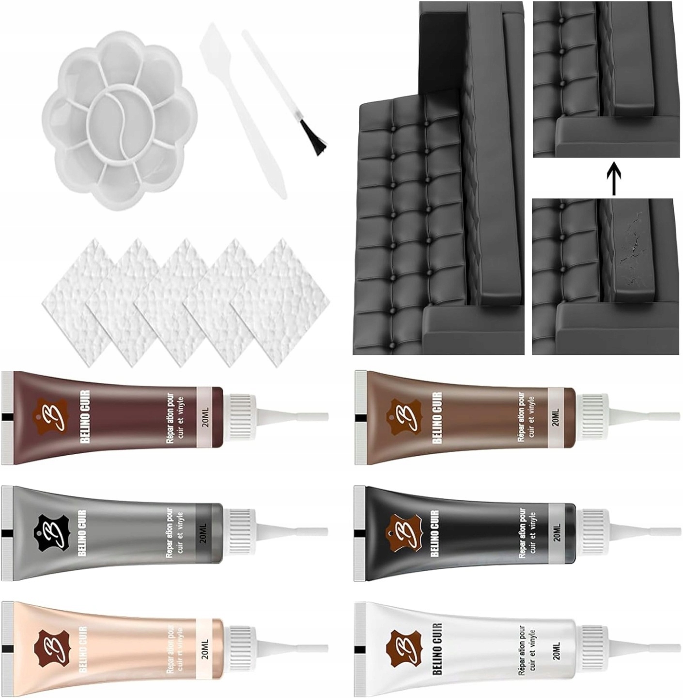 Zestaw farb renowacja tapicerki skóry szpachla 6x20ml czarna biała beż brąz