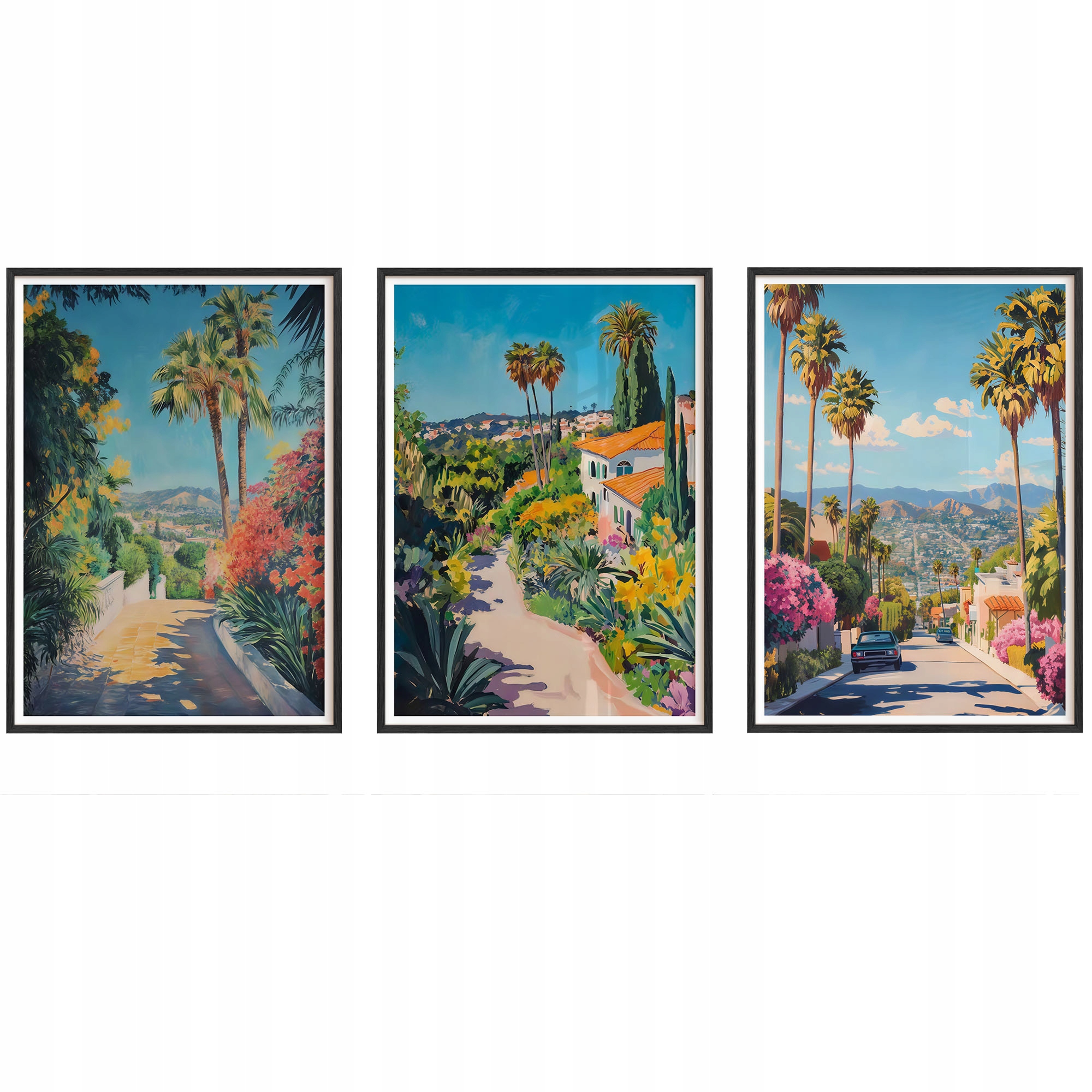 Obrazy Los Angeles Ulice Palmy Plagáty Drevené rámy Čierne 3ks 30x42 cm