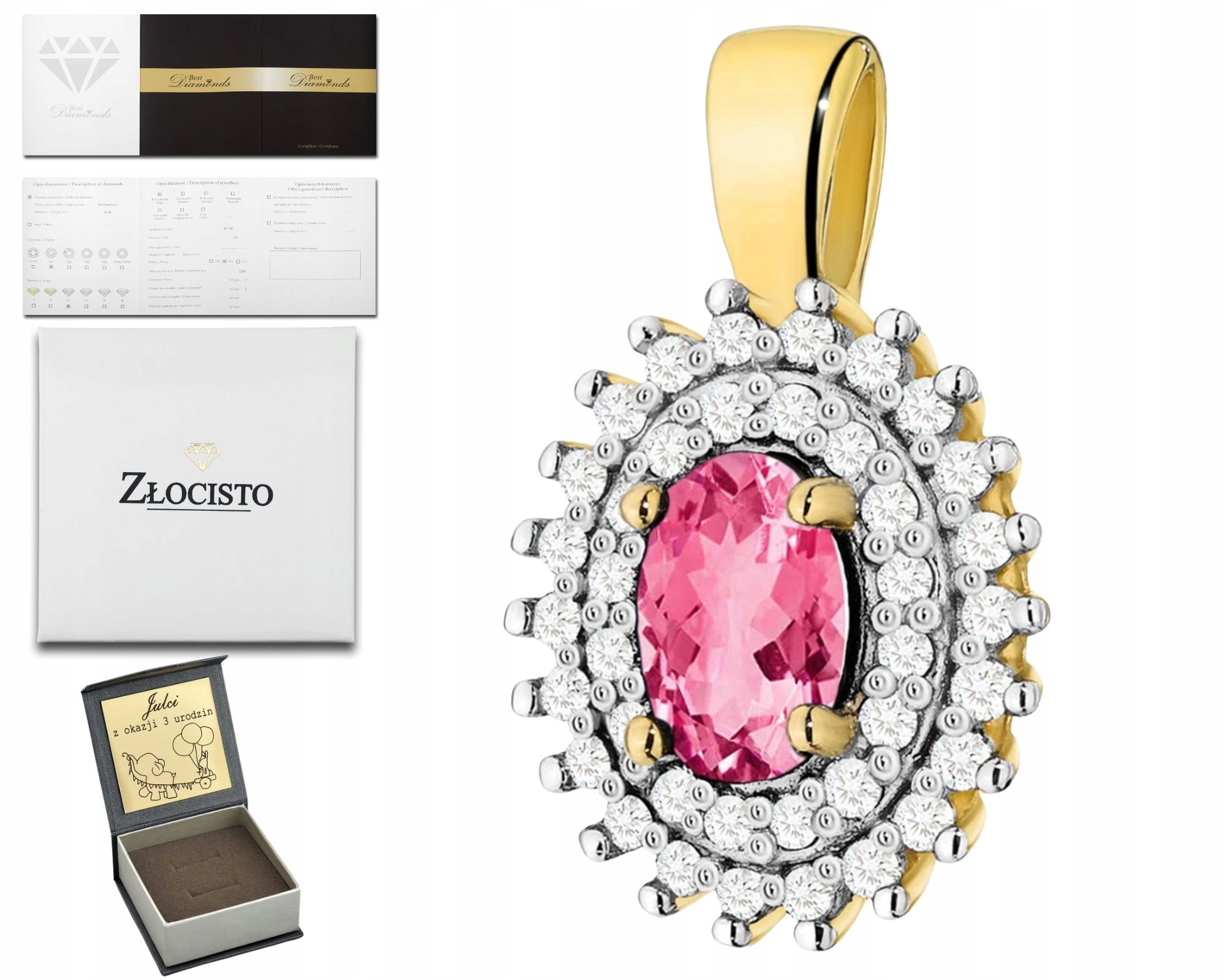 Zlatý Přívěsek S Růžovým Topazem A Diamanty Zlato 585 14K Dárek Gravírování