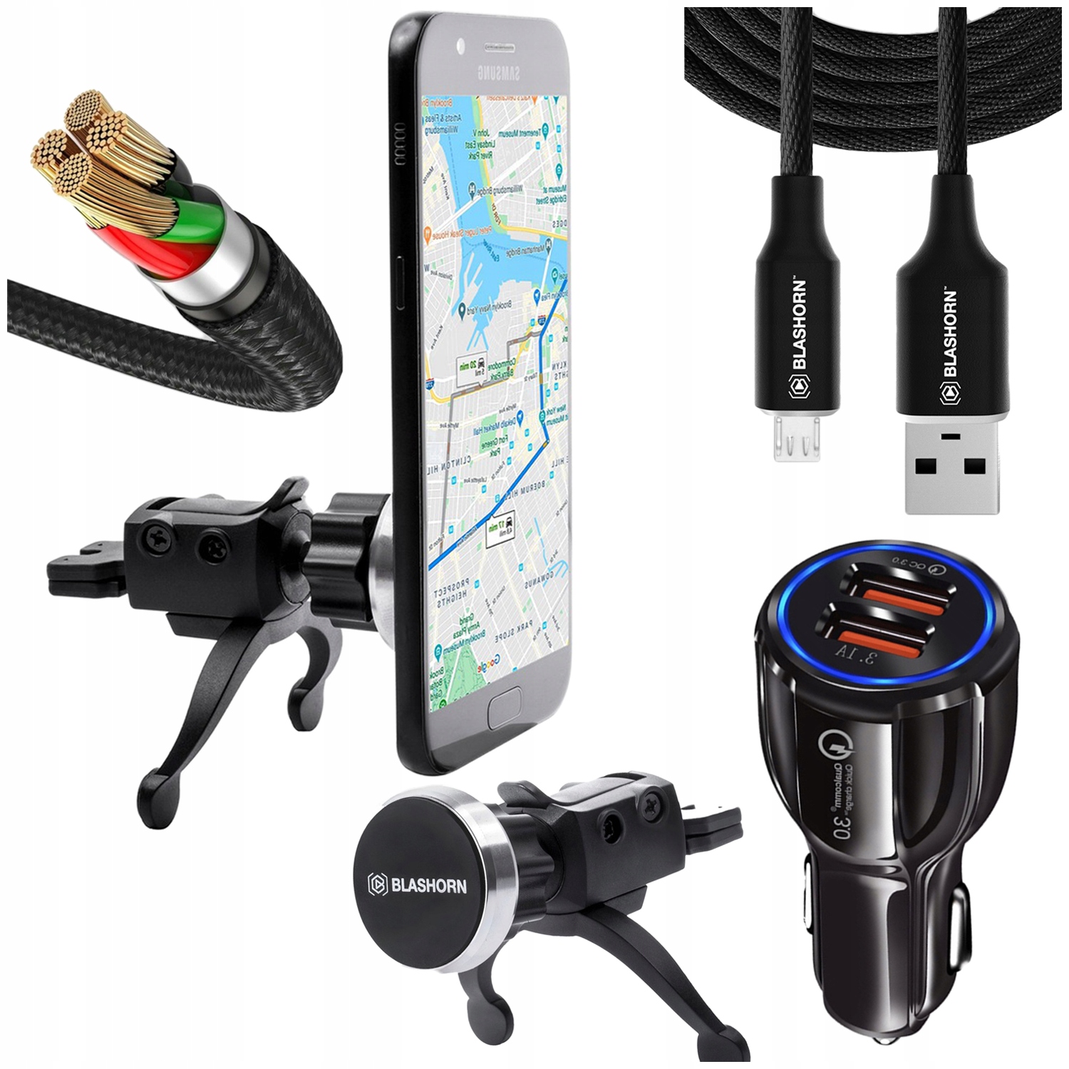 Držák Na Telefon Do Auta Pro Mřížku, Kabel Micro Usb 1.2 M, Krátká Nabíječka