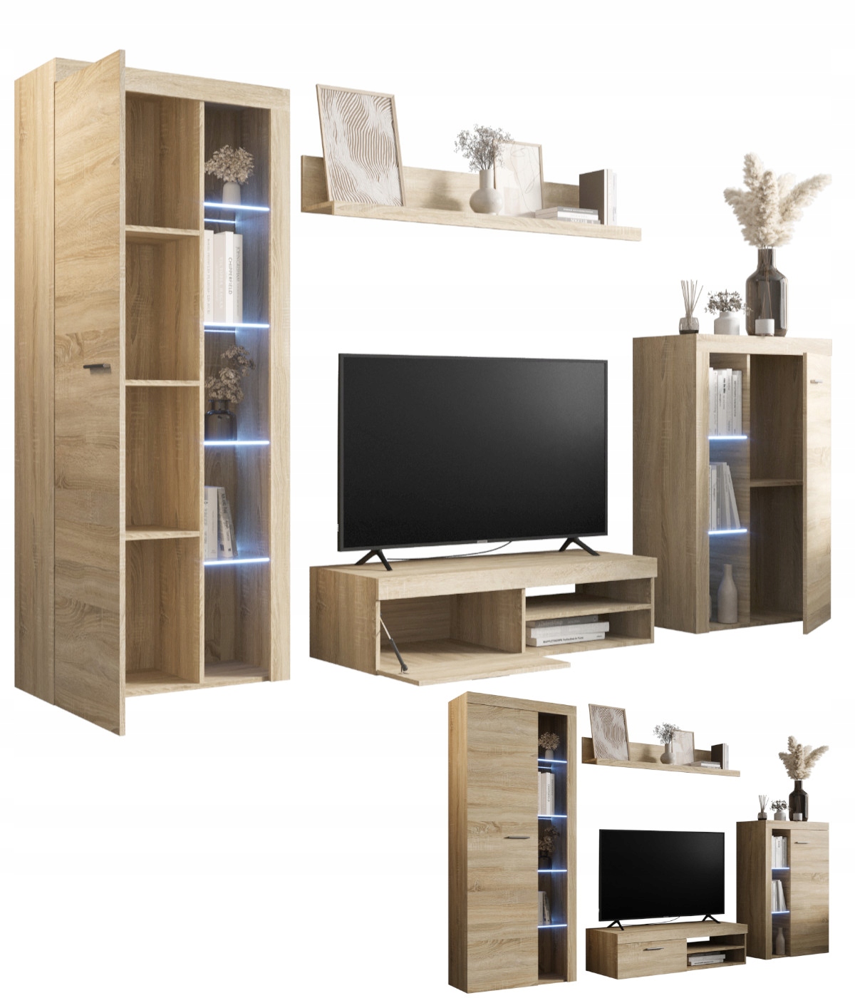 Nábytková Stěna do obývacího pokoje Dub Sonoma London LRM2 Sada Rtv regálů O-sofa