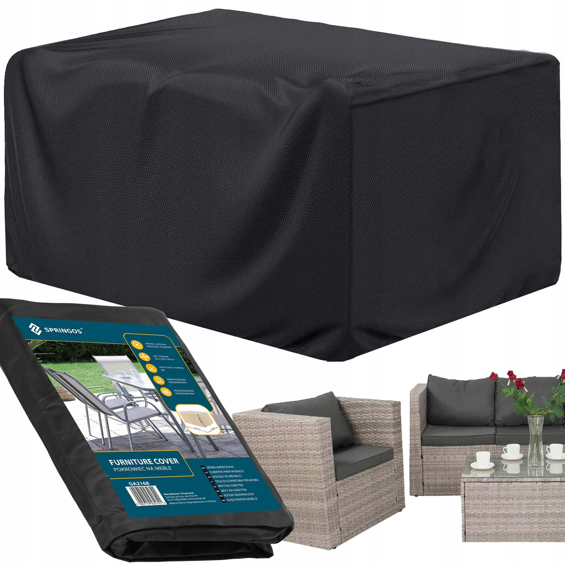 POKROWIEC NA MEBLE OGRODOWE STÓŁ KRZESŁA CZARNY WODOODPORNY 245cm PLANDEKA Producent Springos