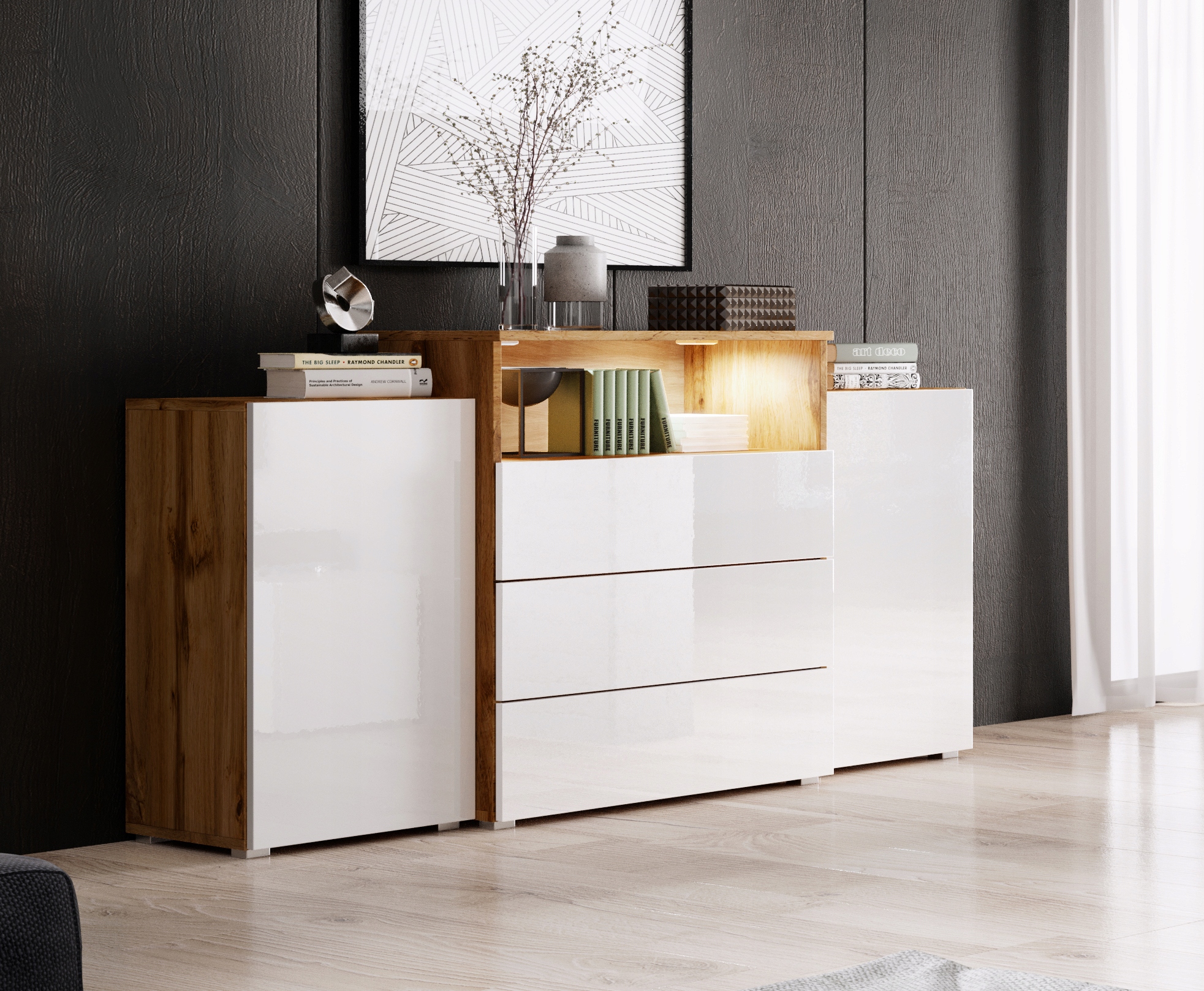 dwudrzwiowa Komoda URBAN 150 cm szuflady półki