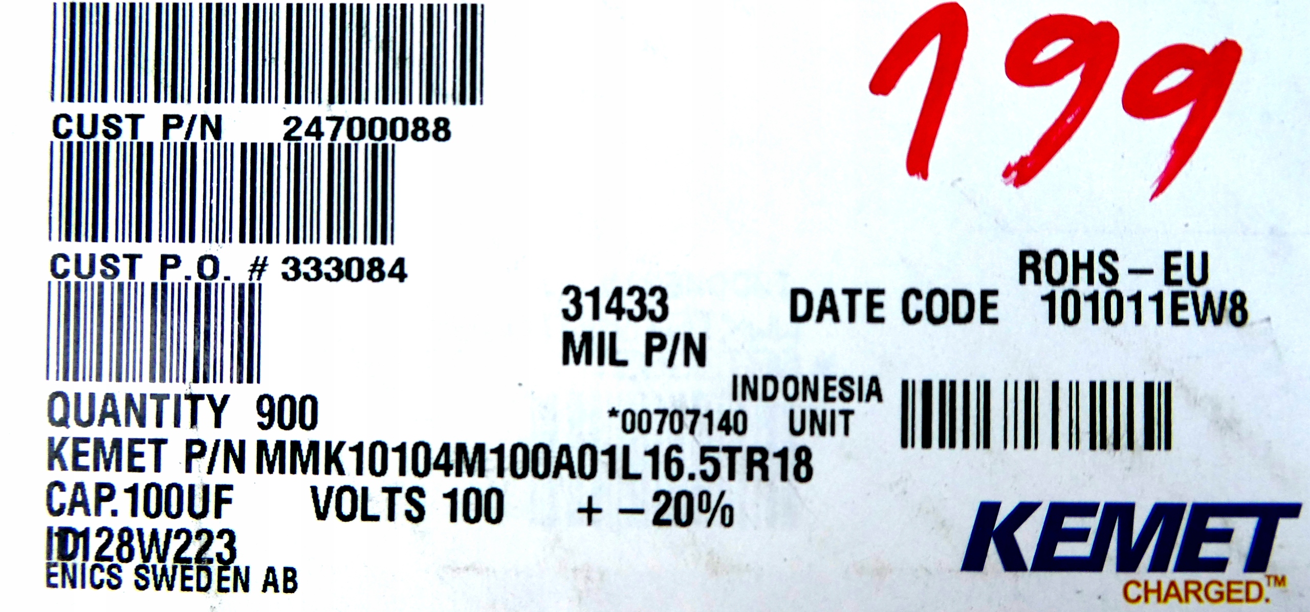 Foliowy EVOX 100nF 0,1uF 20% 100V AC 10szt Symbol 199