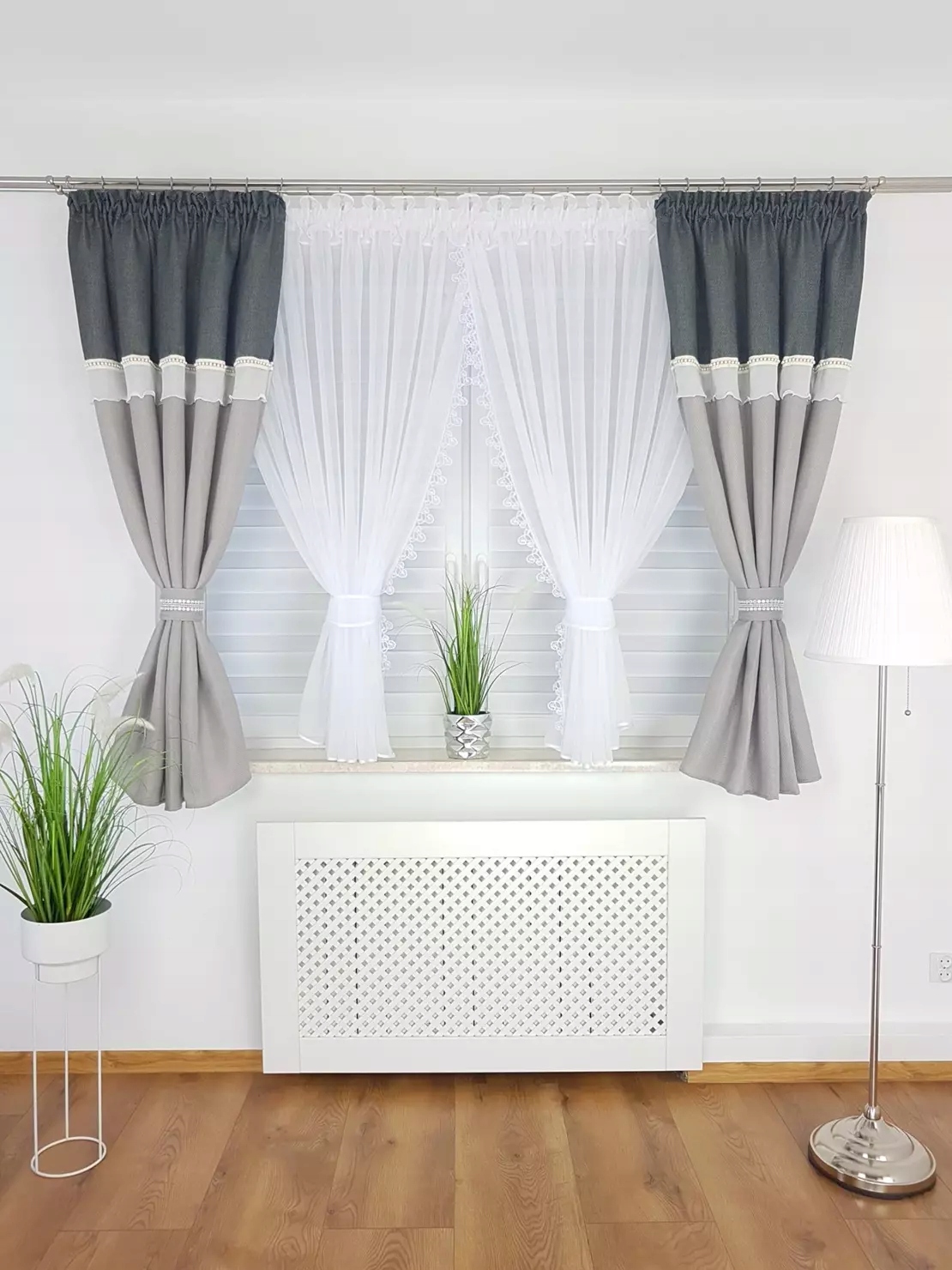 Gotowa Krótka Firana Zestaw Z Zasłonami Szara Do Kuchni Salonu Na Taśmie