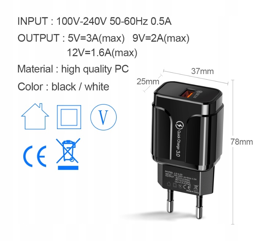 SZYBKA ŁADOWARKA SIECIOWA USB QUICK CHARGE 3.0 Marka Inna